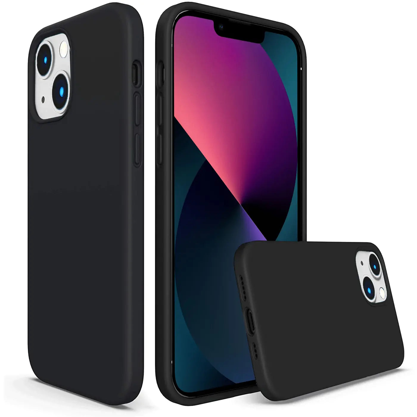 Schwarze Silikonhülle für iPhone 13, Mikrofaser, Seitenansicht und Rückansicht.