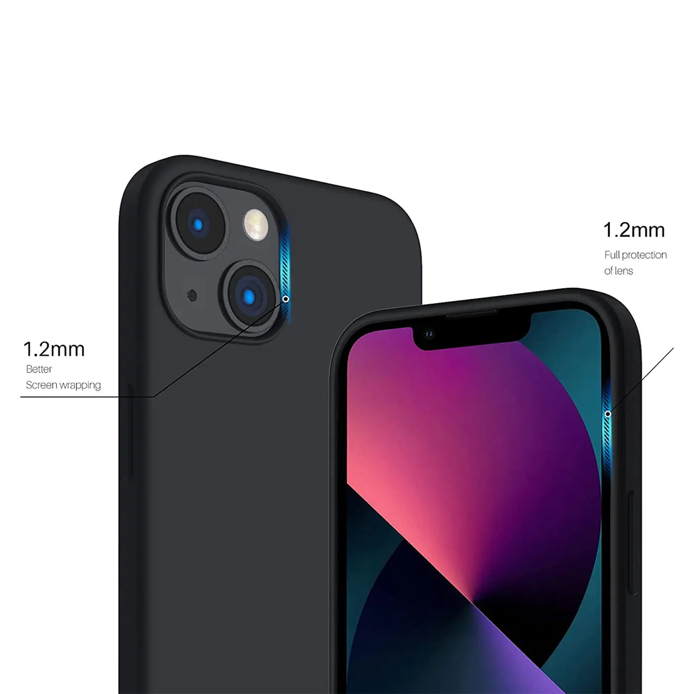 Schwarze Silikonhülle für iPhone 13, Rückansicht und Vorderseite, 1.2mm Schutz.