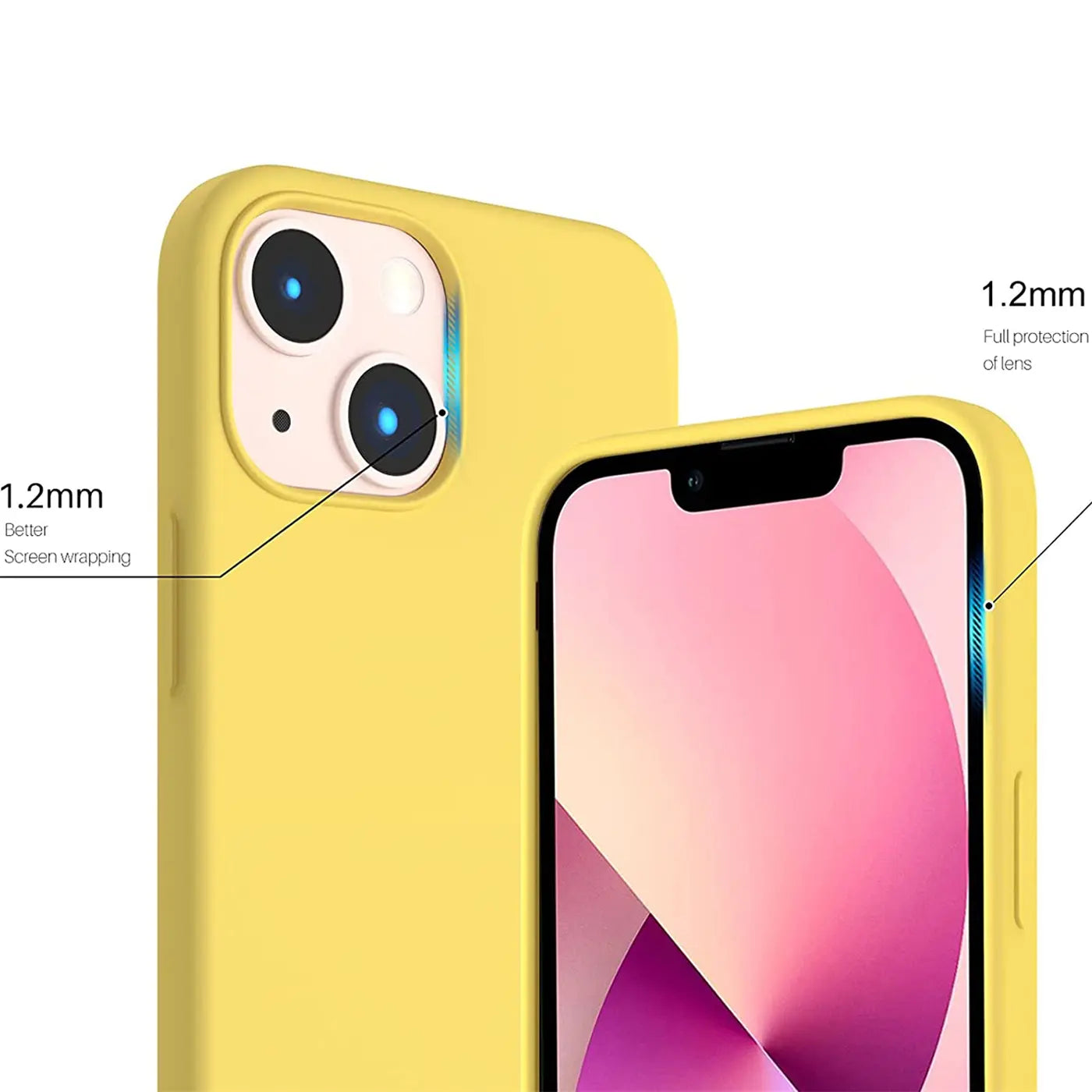 Gelbe Silikonhülle für iPhone 14, Nahaufnahme, Rückseite und Vorderseite sichtbar.