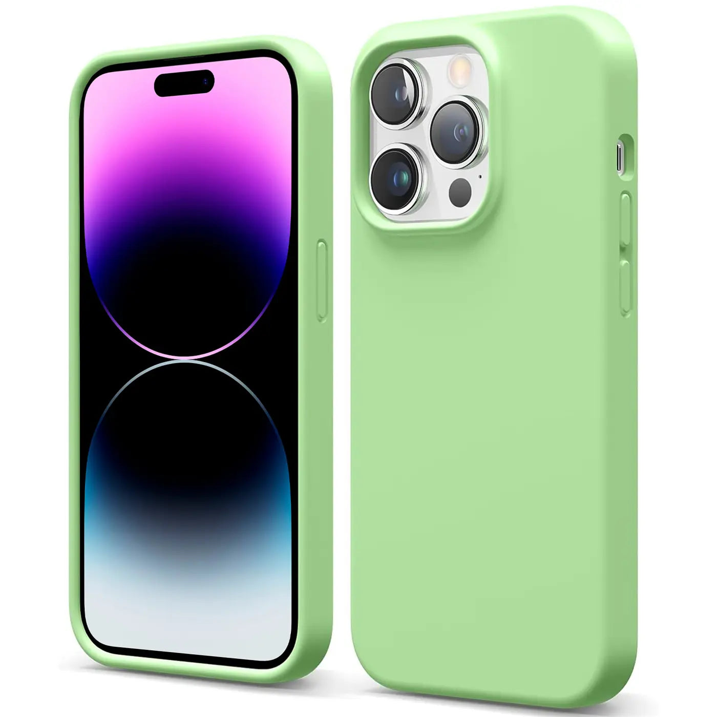 Grüne Silikonhülle für iPhone 14 Pro Max, Vorder- und Rückansicht.