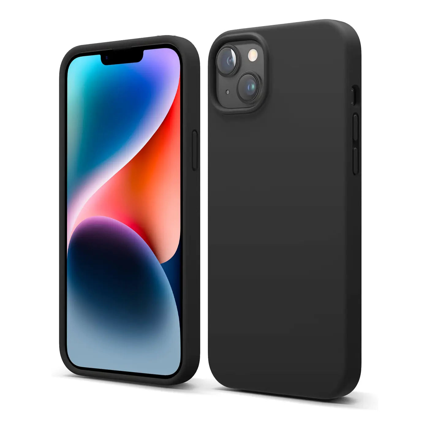 Schwarze Silikonhülle für iPhone 14, Vorder- und Rückansicht, Mikrofaser.