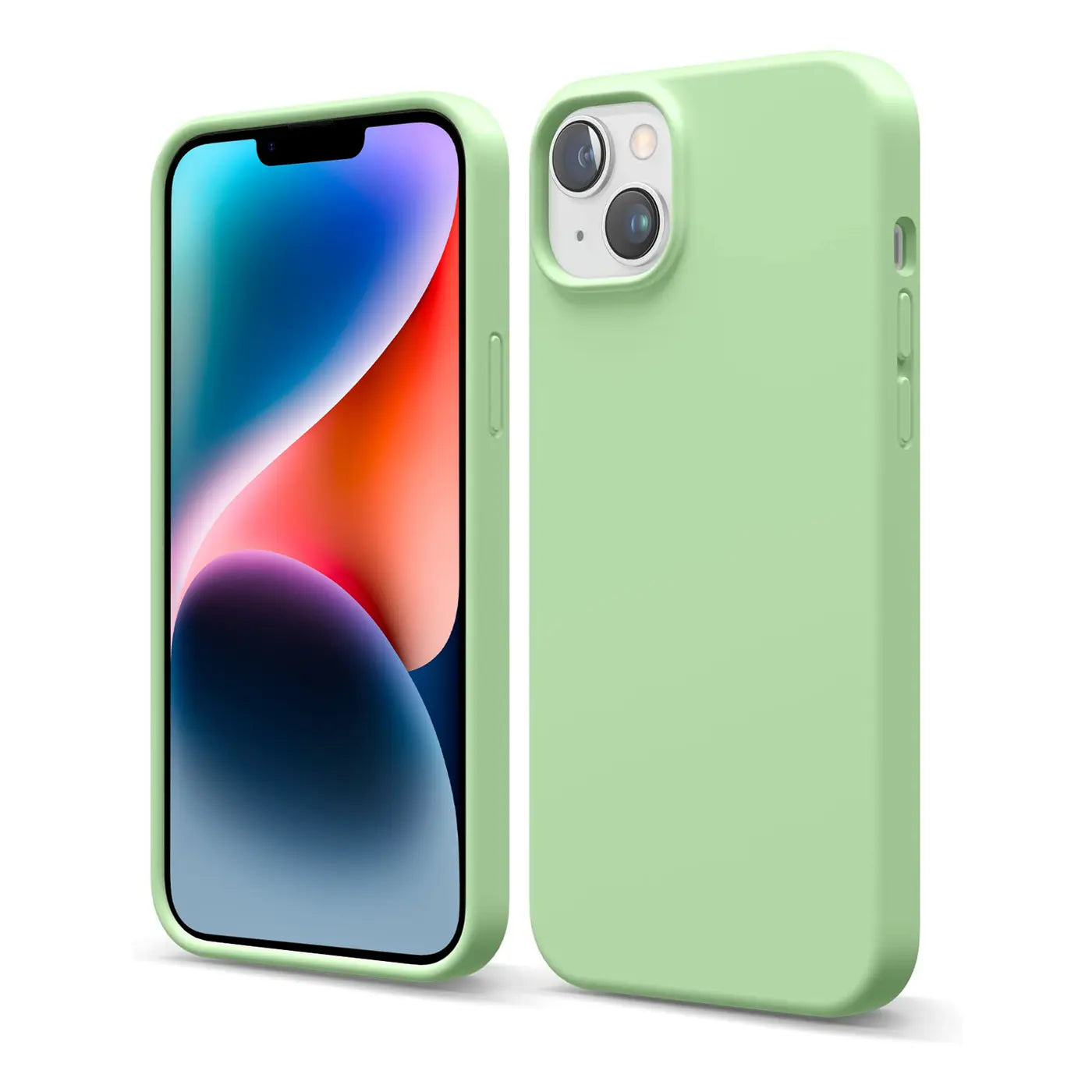 Hellgrüne Silikonhülle für iPhone 15, von vorne und hinten gezeigt.