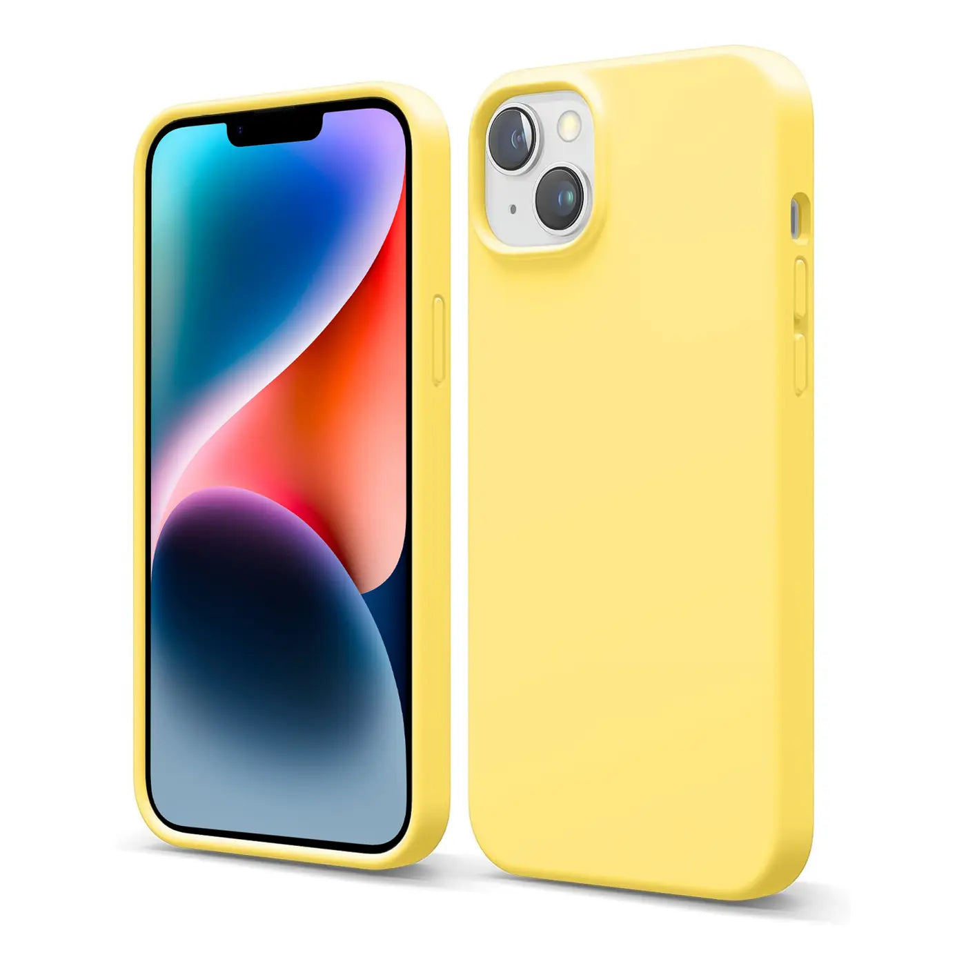 Gelbe Silikonhülle für iPhone 15 Plus, Vorder- und Rückansicht, Mikrofaser-Innenfutter.