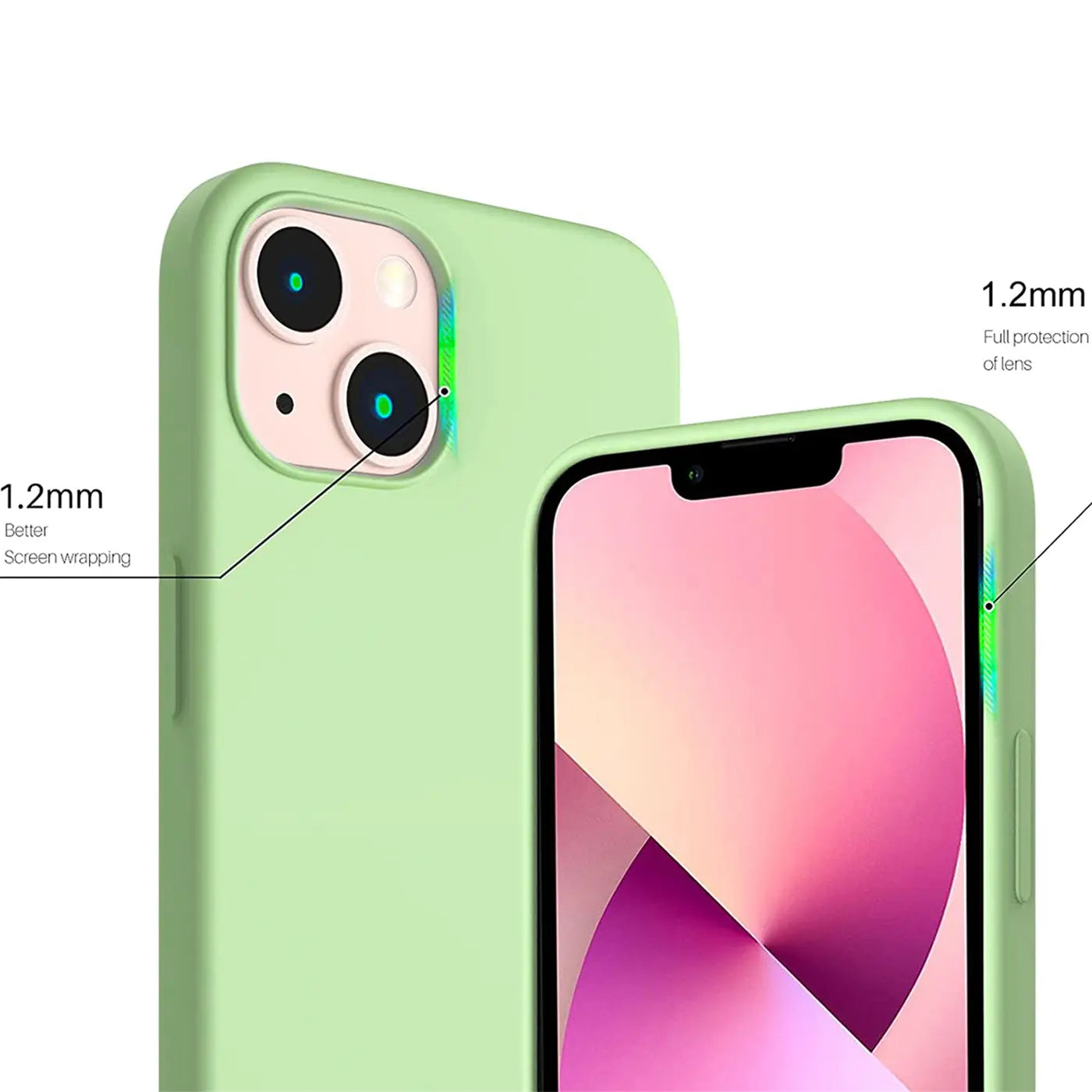 Hellgrüne Silikonhülle für iPhone 15 Plus, Nahaufnahme, Rückseite und Vorderseite.