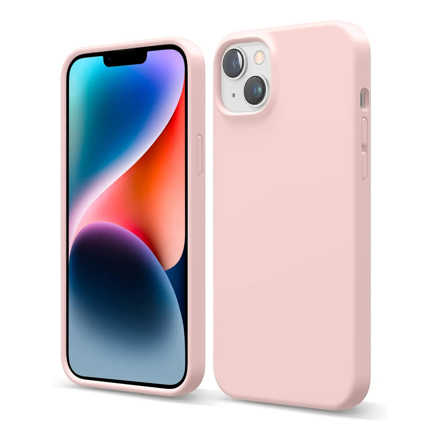 Rosa Silikonhülle für iPhone 15 Plus, von vorne und hinten gezeigt.