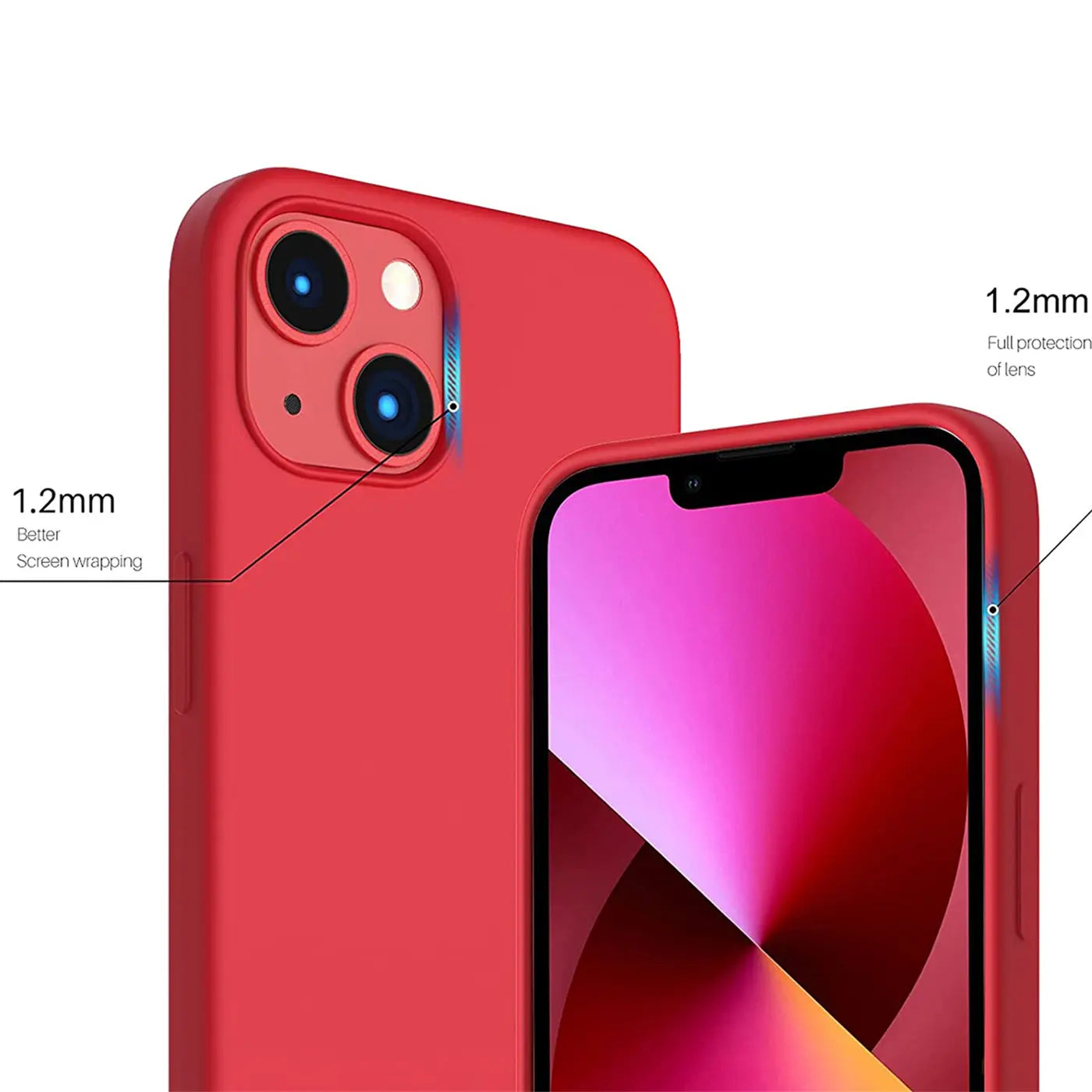 Rote Silikonhülle für iPhone 15 Plus, Nahaufnahme, Rückseite und Vorderseite sichtbar.