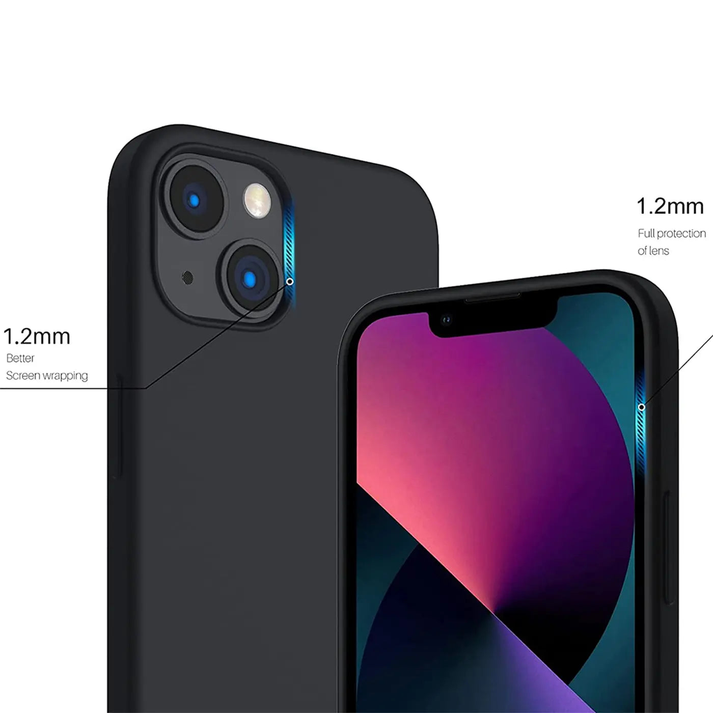 Schwarze Silikonhülle für iPhone 15 Plus, Rückansicht und Vorderseite, Nahaufnahme