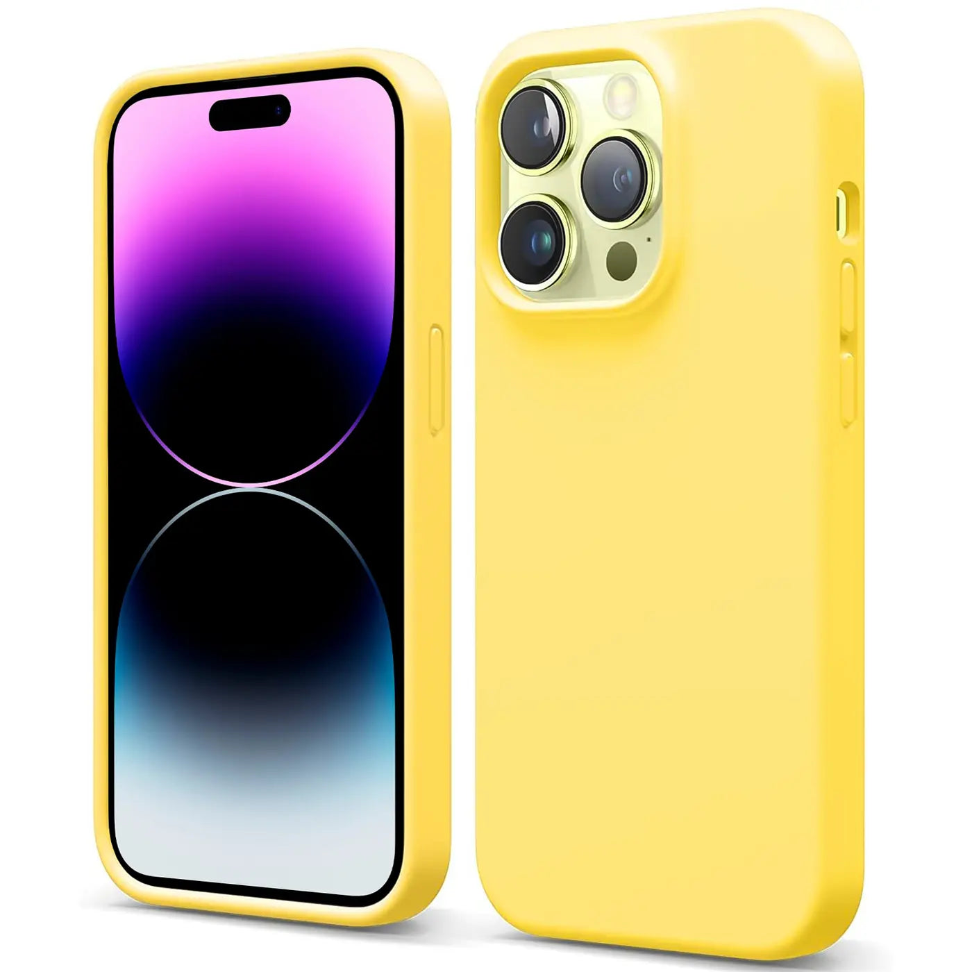 Gelbe Silikonhülle für iPhone 15 Pro Max, von vorne und hinten gezeigt.
