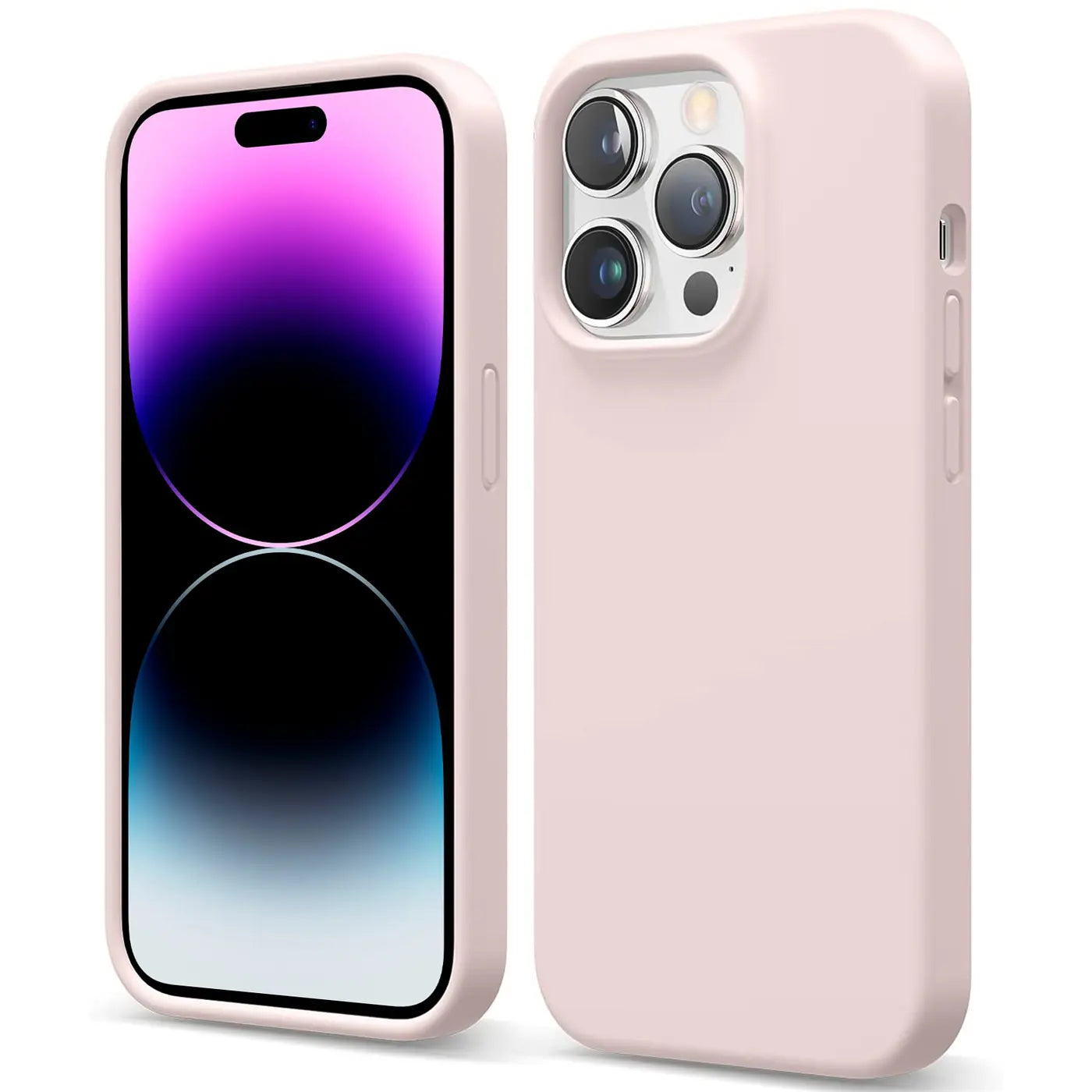 Rosa Silikonhülle für iPhone 15 Pro Max, von vorne und hinten gezeigt, Mikrofaser-Innenfutter.