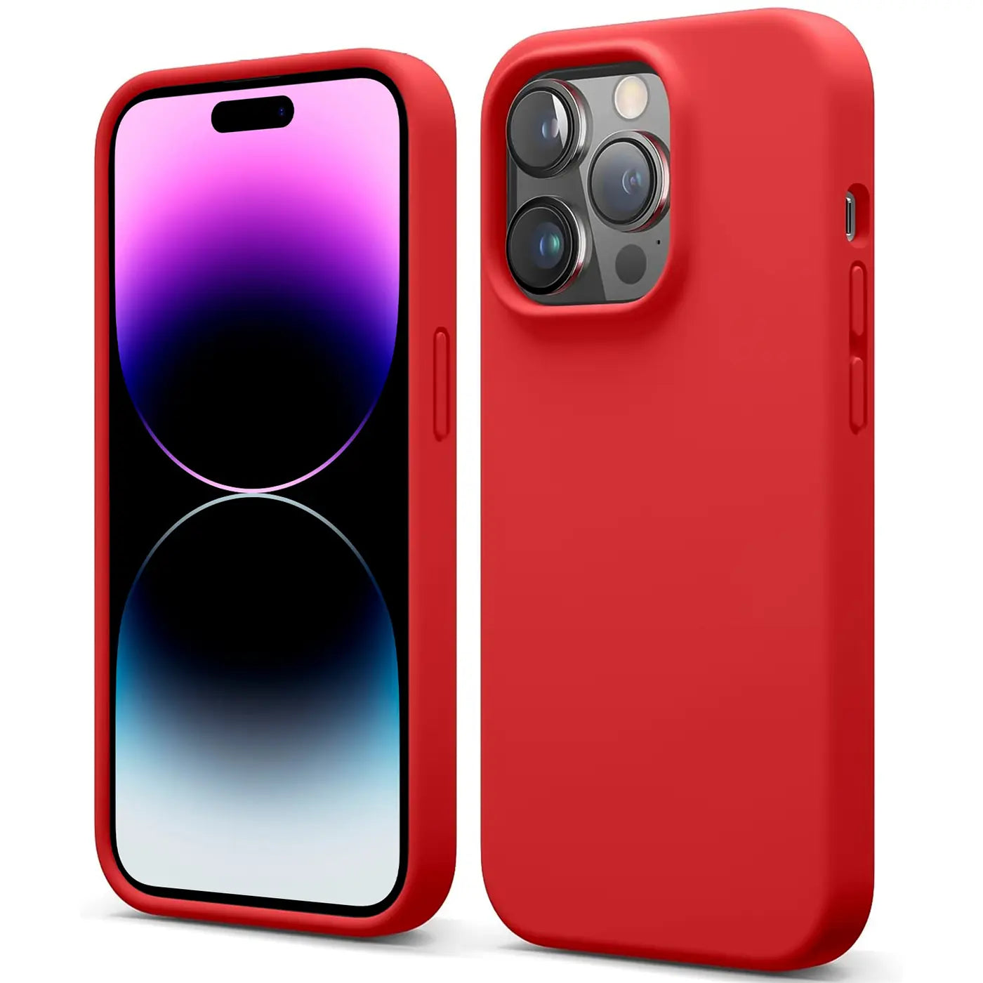 Rote Silikonhülle für iPhone 15 Pro, Vorder- und Rückansicht. Mikrofaser-Innenfutter.