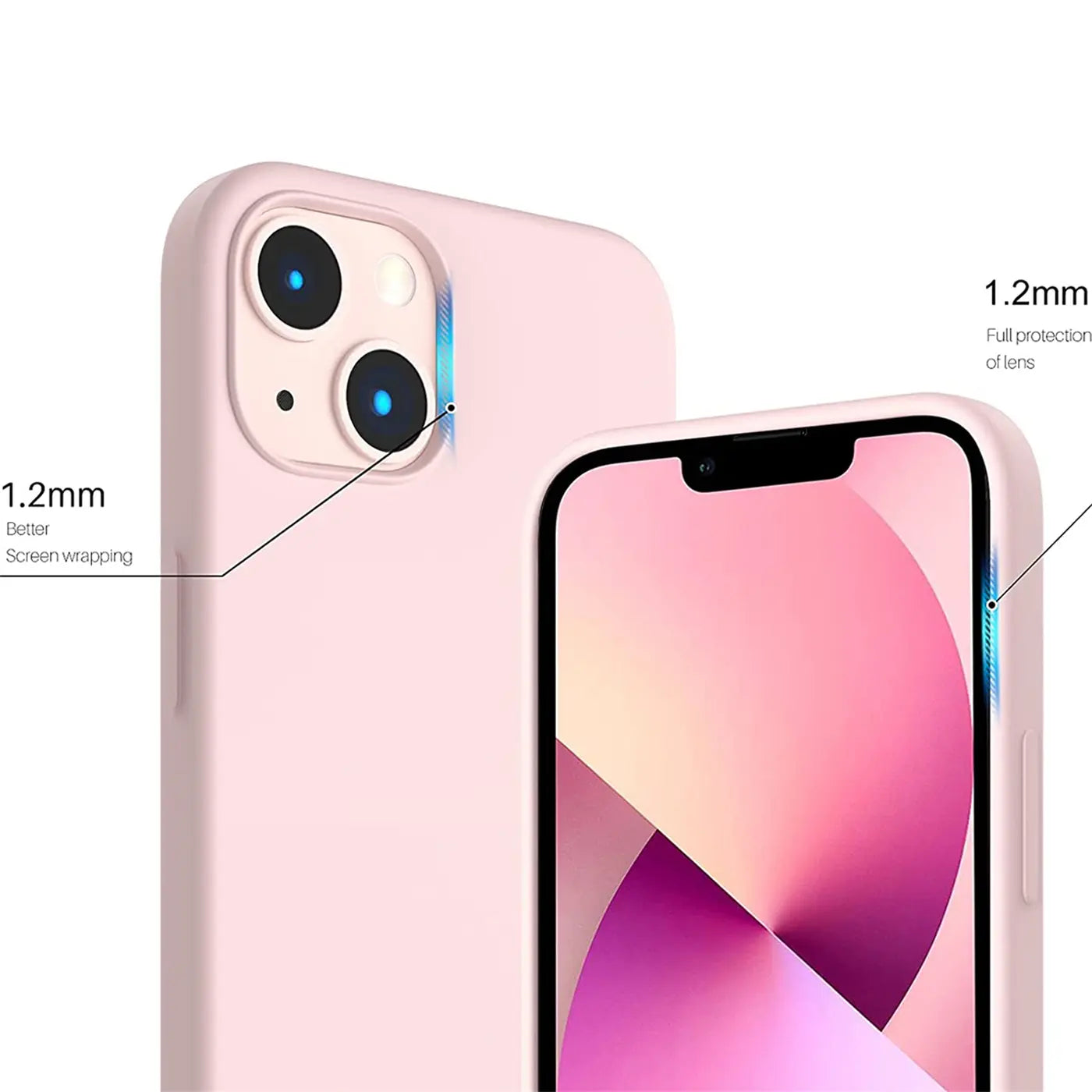 Rosa Silikonhülle für iPhone 15, Nahaufnahme, Rückseite und Vorderseite sichtbar