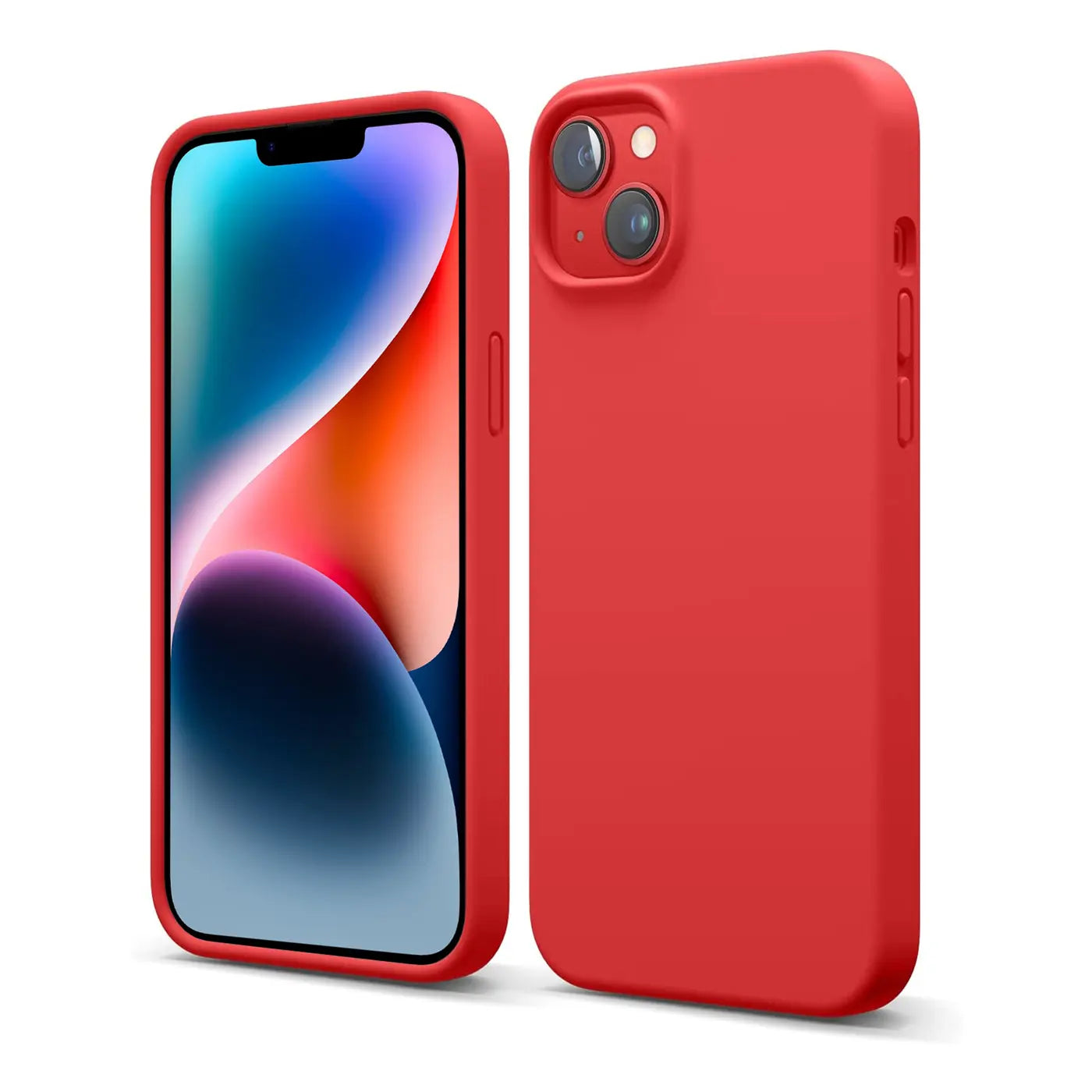 Rote Silikonhülle für iPhone 15, Vorder- und Rückansicht, Mikrofaser-Innenfutter