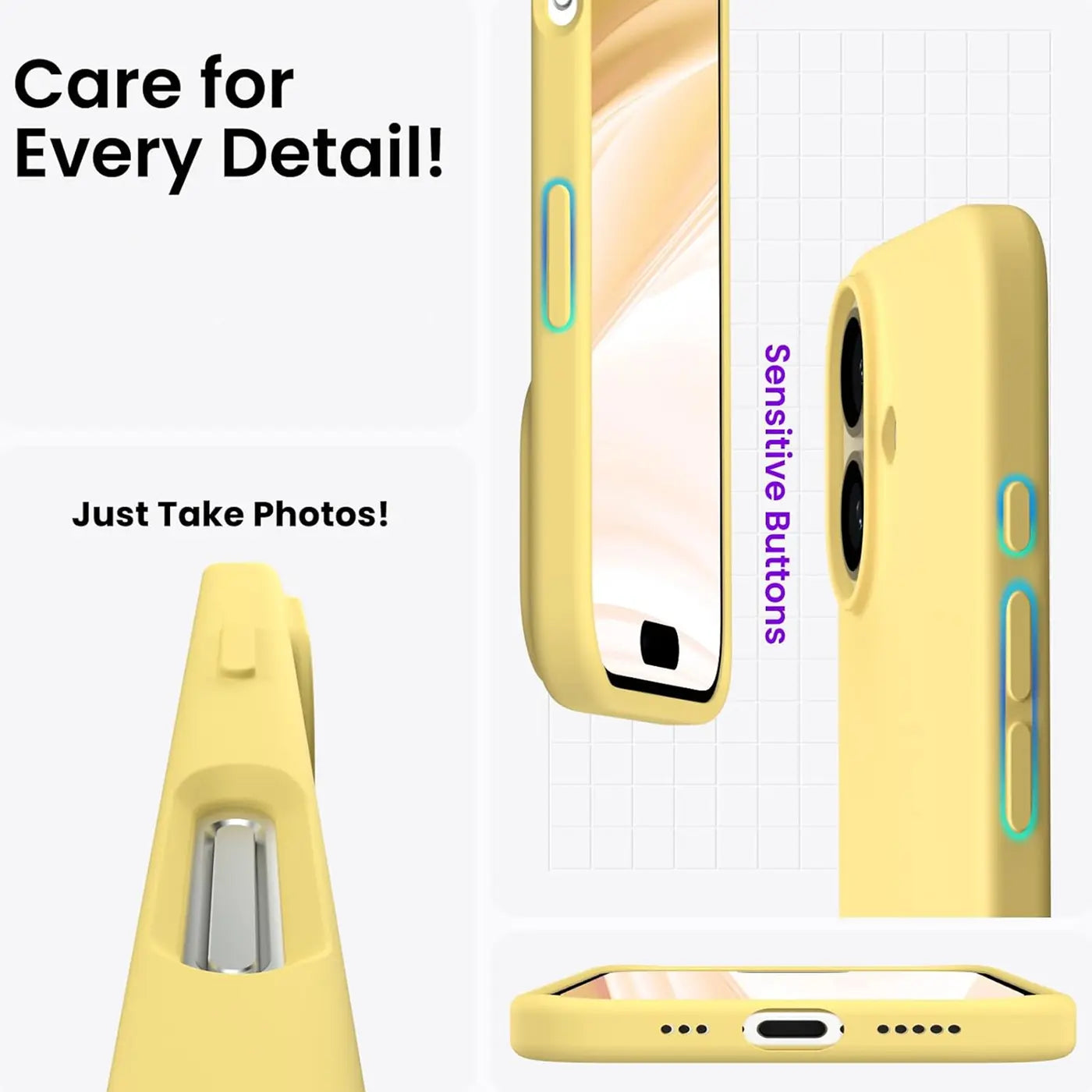 Gelbe Silikonhülle für iPhone, Seitenansicht, Nahaufnahme, Detailaufnahme.