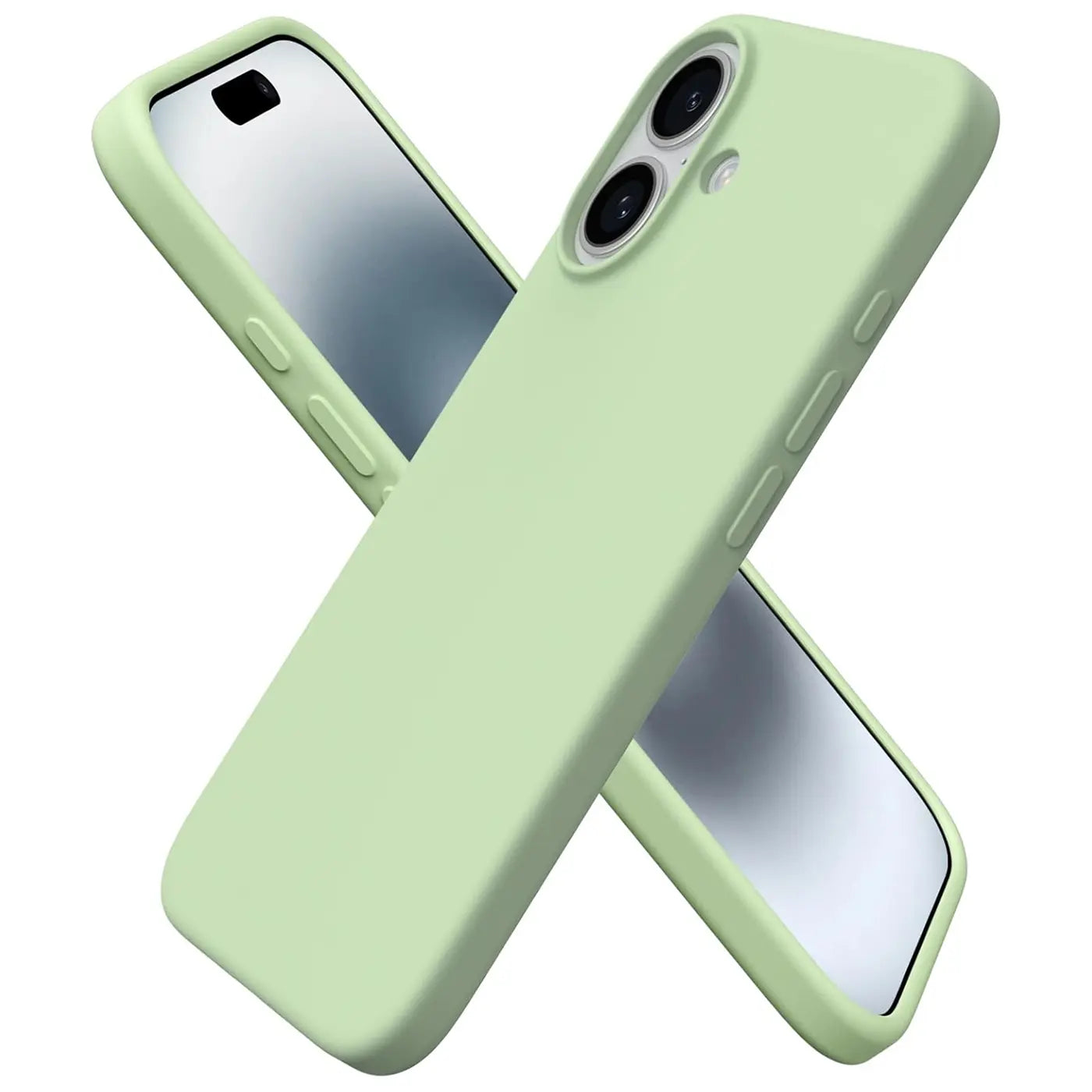 Hellgrüne Silikonhülle mit Mikrofaser-Innenfutter, schräg von oben, zeigt iPhone 16 Rückseite.