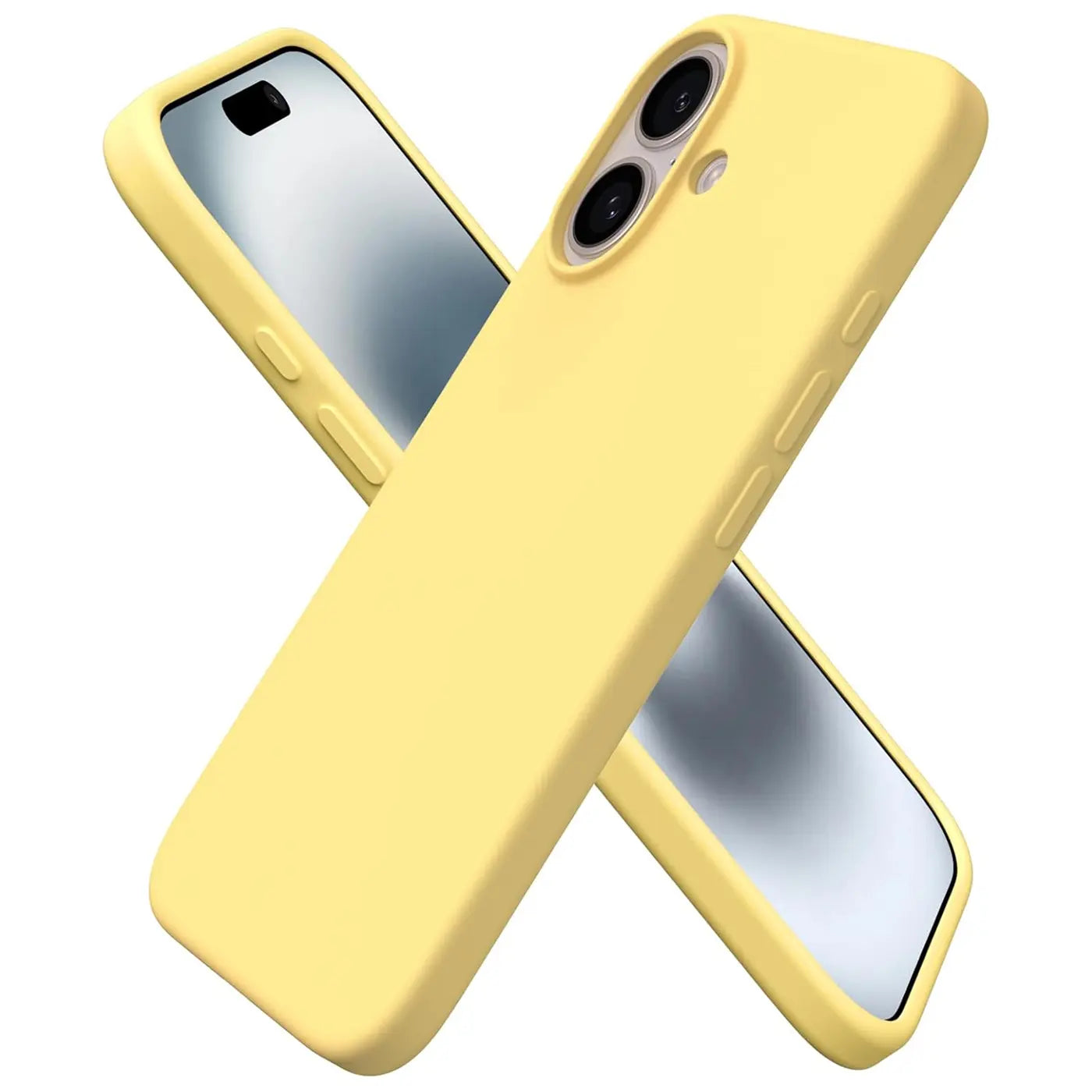Gelbe Silikonhülle mit Mikrofaser-Innenfutter, schräg von oben, zeigt iPhone 16 Plus Kameras