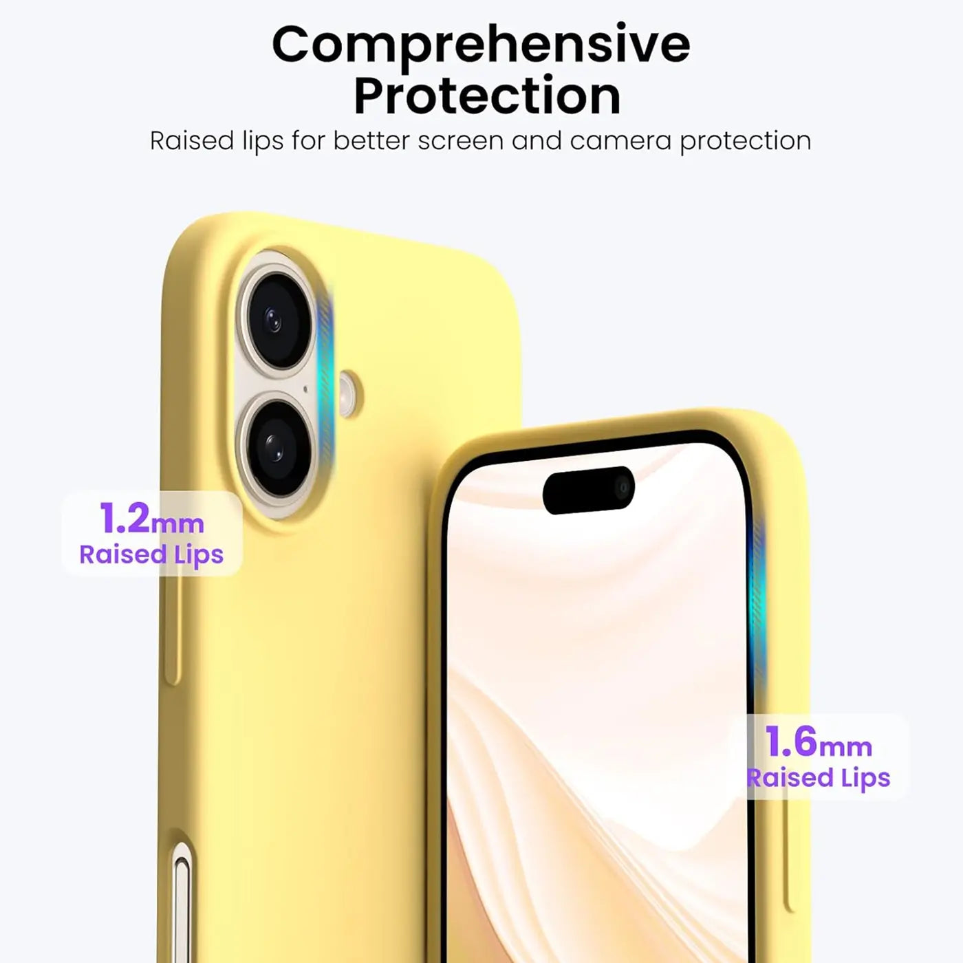 Gelbe Silikonhülle für iPhone 16 Plus, Nahaufnahme, Vorder- und Rückansicht