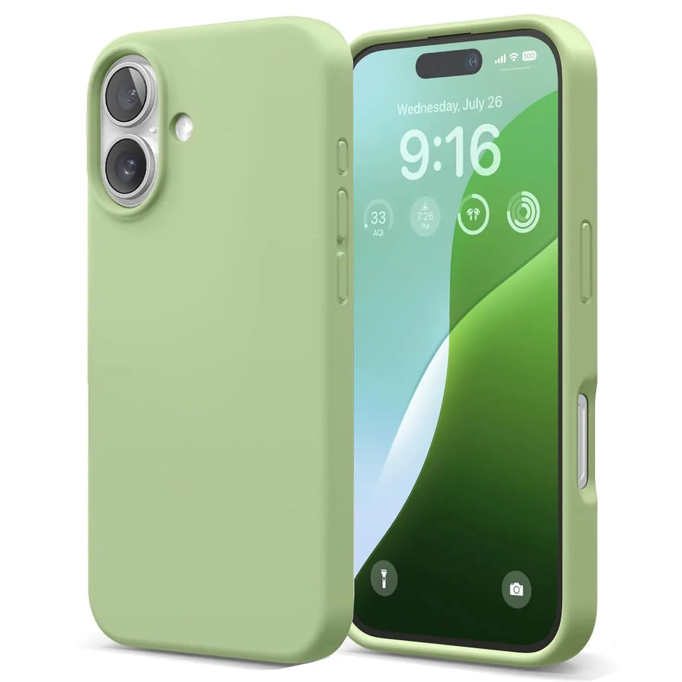 Grüne Silikonhülle für iPhone 16 Plus, von vorne/seitlich, mit Mikrofaser-Innenfutter.