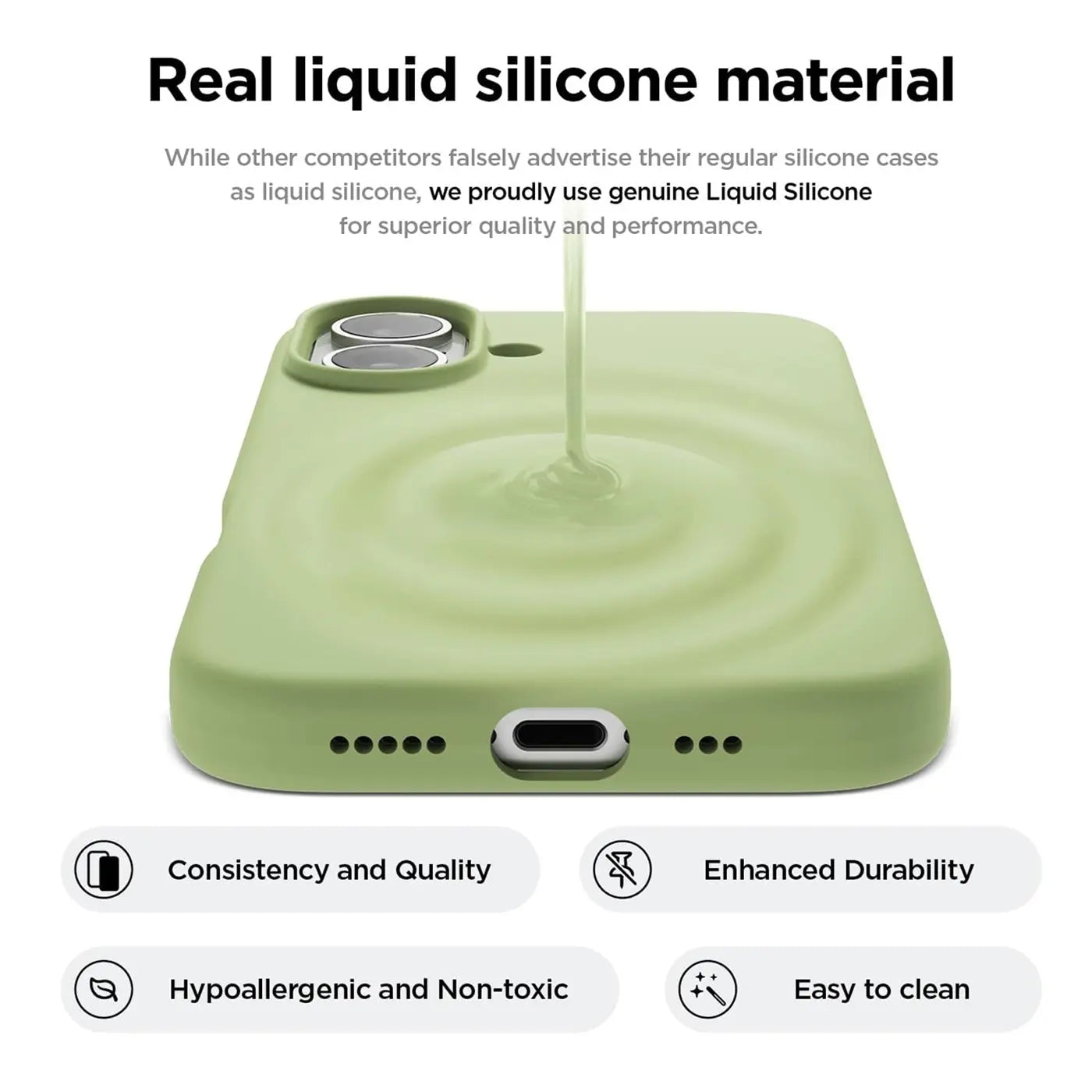 Grüne Silikonhülle für iPhone 16 Plus, von oben/seitlich, Flüssigkeit fließt darauf