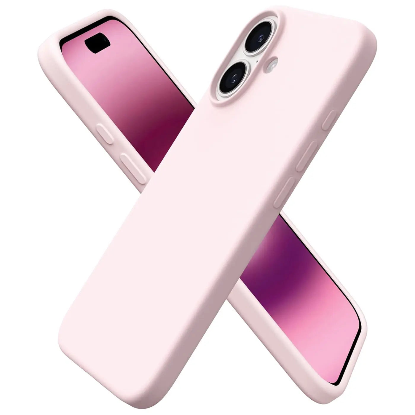 Rosa Silikonhülle, seitliche Ansicht, iPhone 16 Plus mit Display.