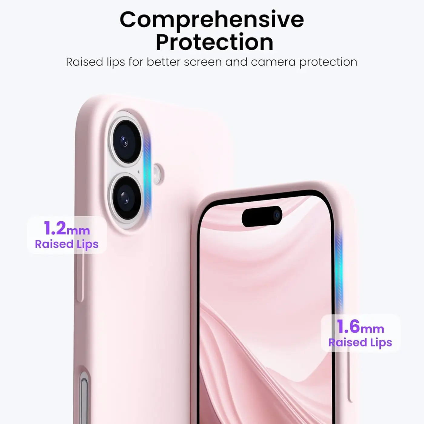 Rosa Silikonhülle für iPhone 16 Plus, Nahaufnahme, Rückseite und Vorderseite mit erhöhten Rändern.