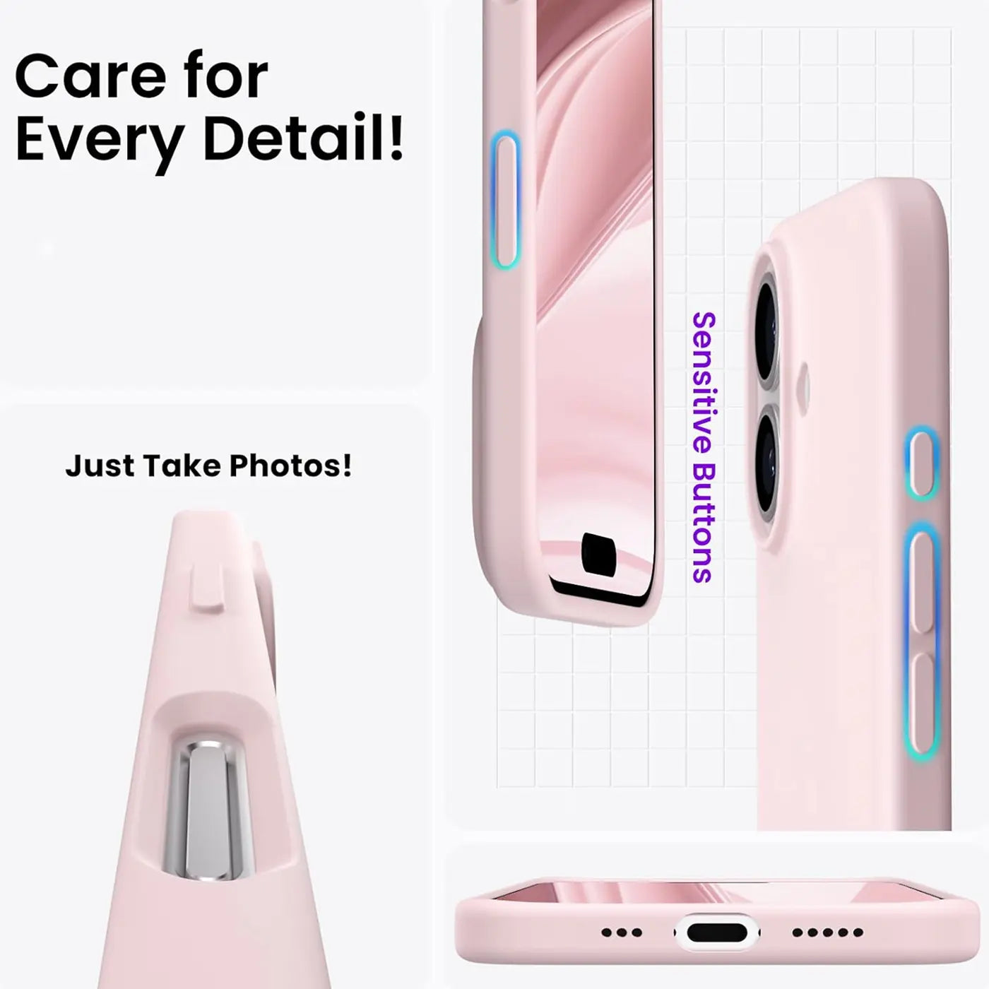 Rosa Silikonhülle für iPhone 16 Plus, Seitenansicht, Nahaufnahme, Mikrofaserfutter.