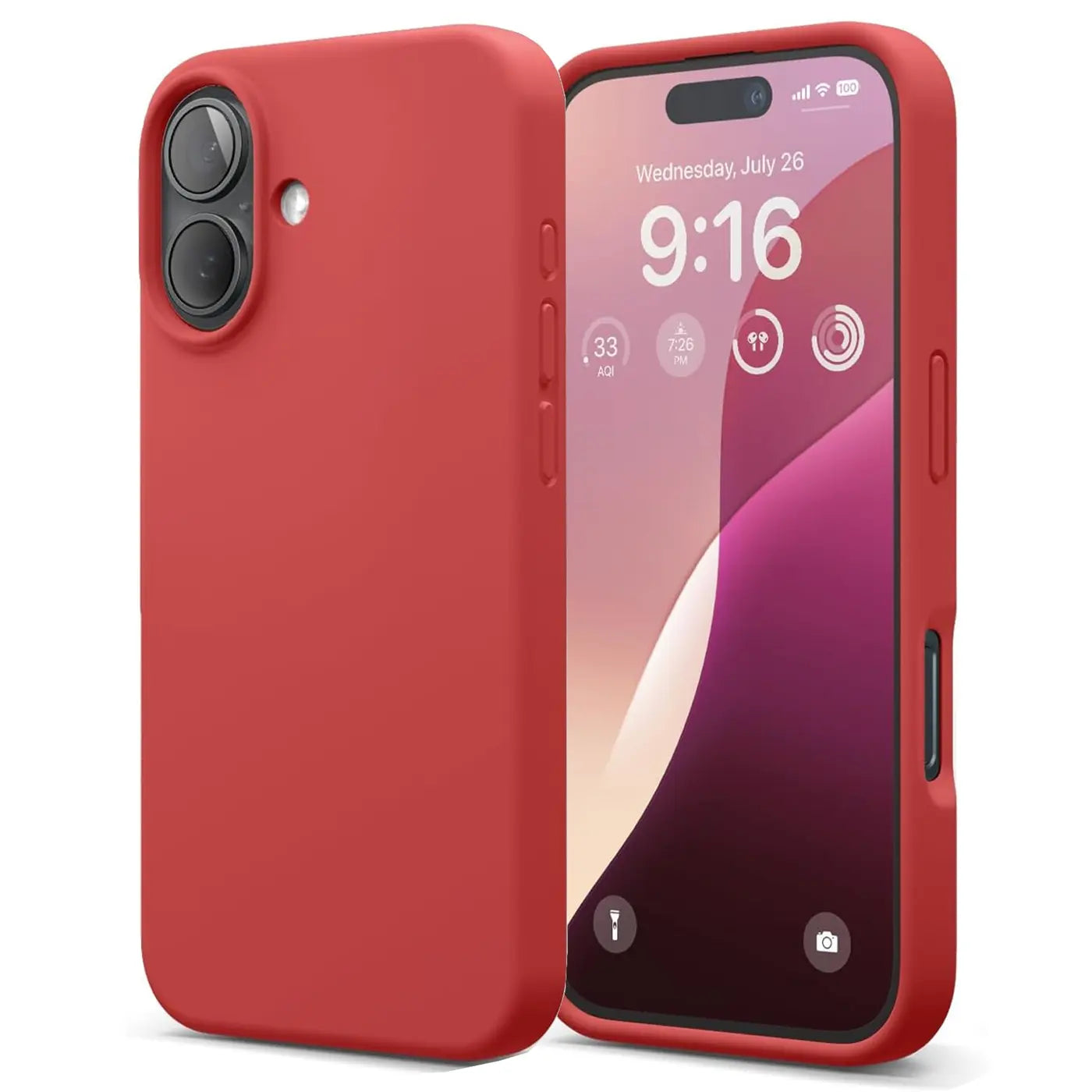 Rote Silikonhülle mit Mikrofaser-Innenfutter, seitliche Ansicht, zeigt iPhone 16 Plus.