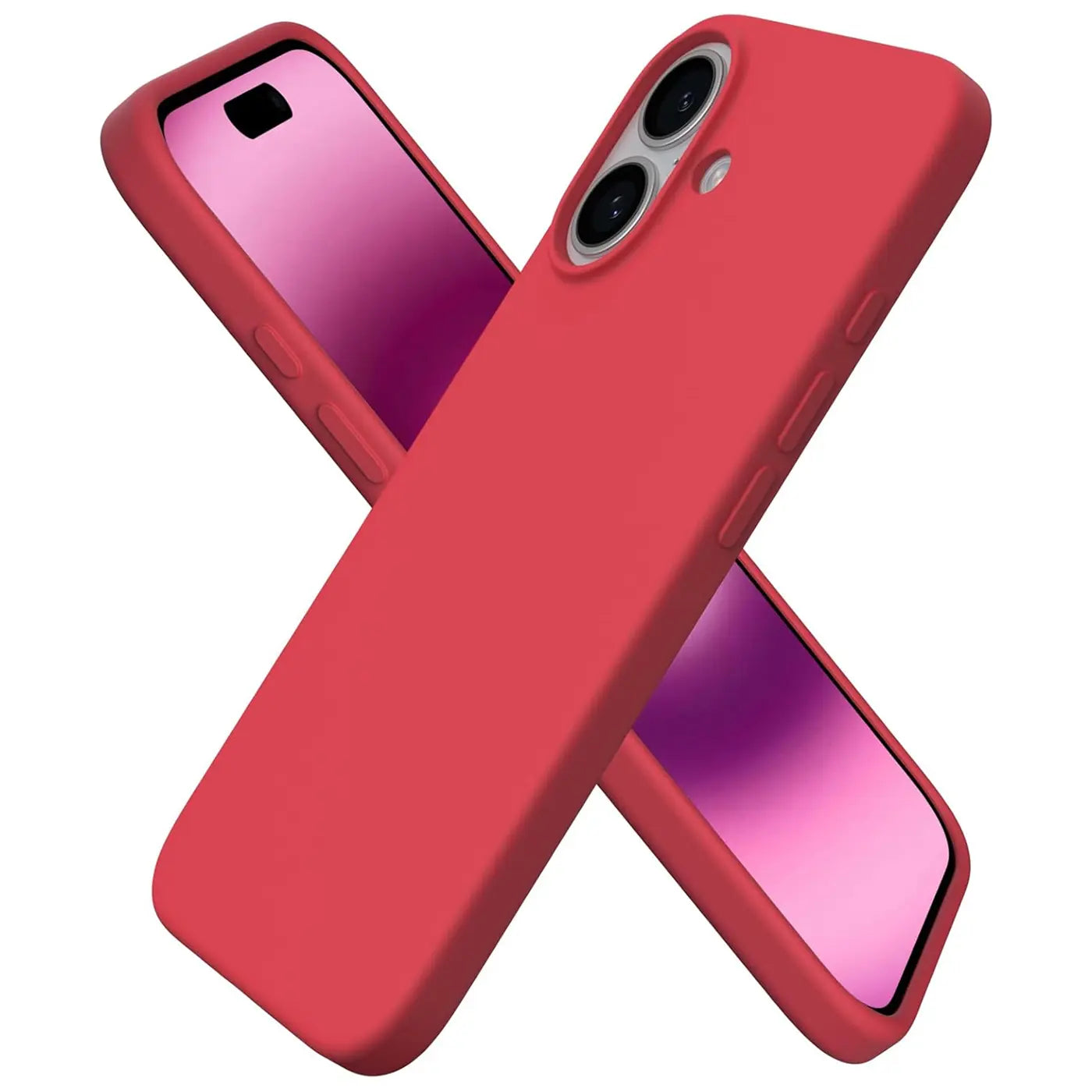 Rote Silikonhülle mit Mikrofaser-Innenfutter für iPhone 16 Plus, von schräg oben fotografiert.