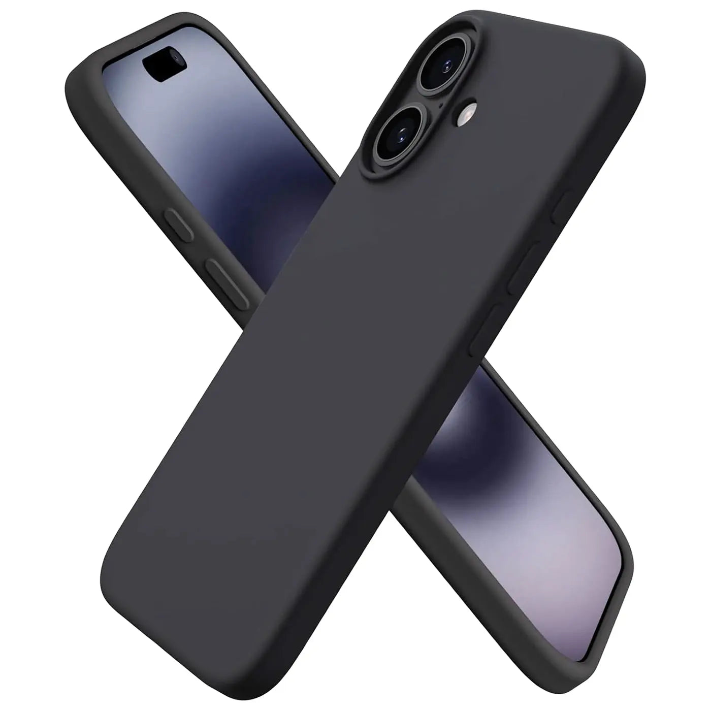 Dunkelgraue Silikonhülle für iPhone 16 Plus, Mikrofaser innen, von oben links