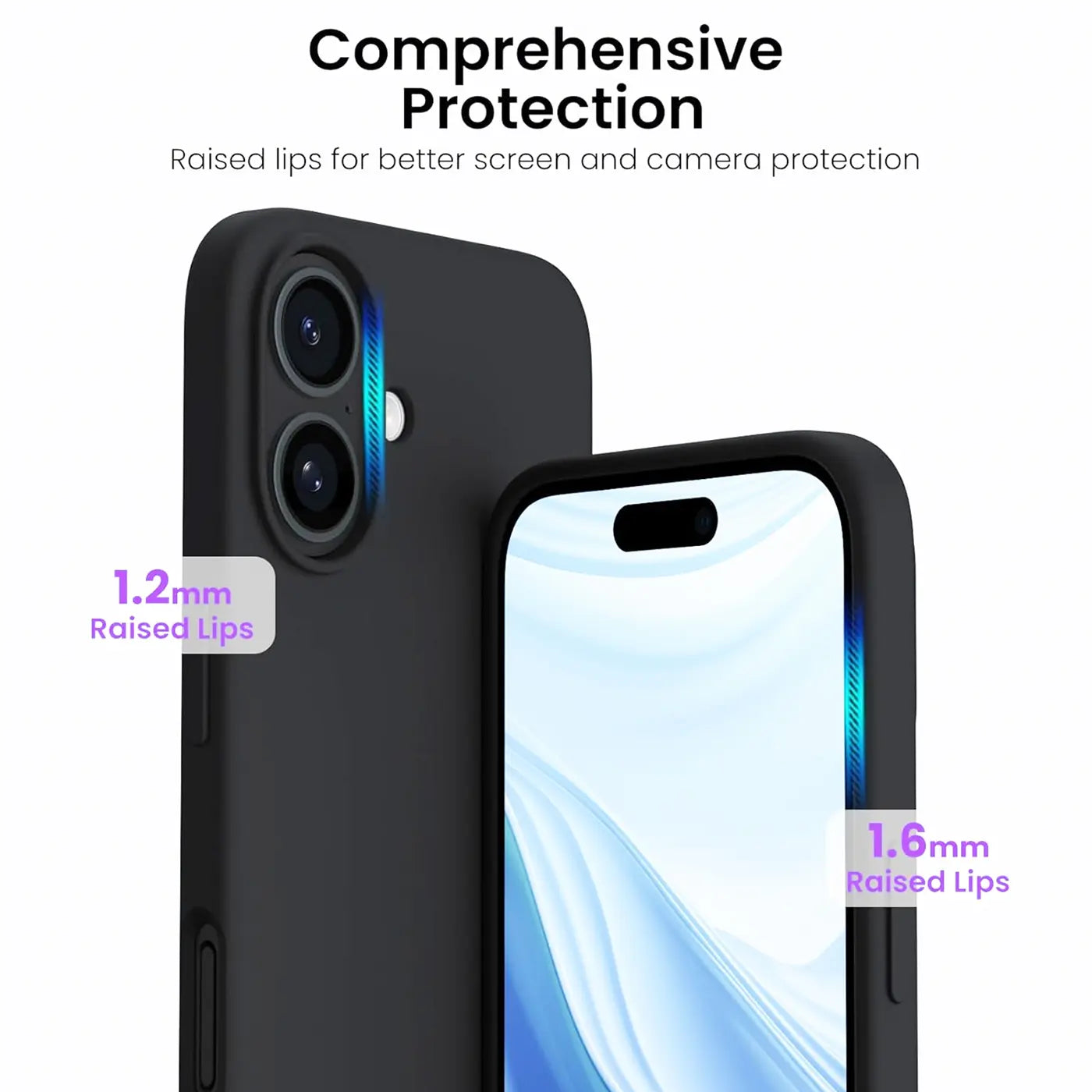 Schwarze Silikonhülle für iPhone 16 Plus, Nahaufnahme, Rückseite und Vorderseite sichtbar.