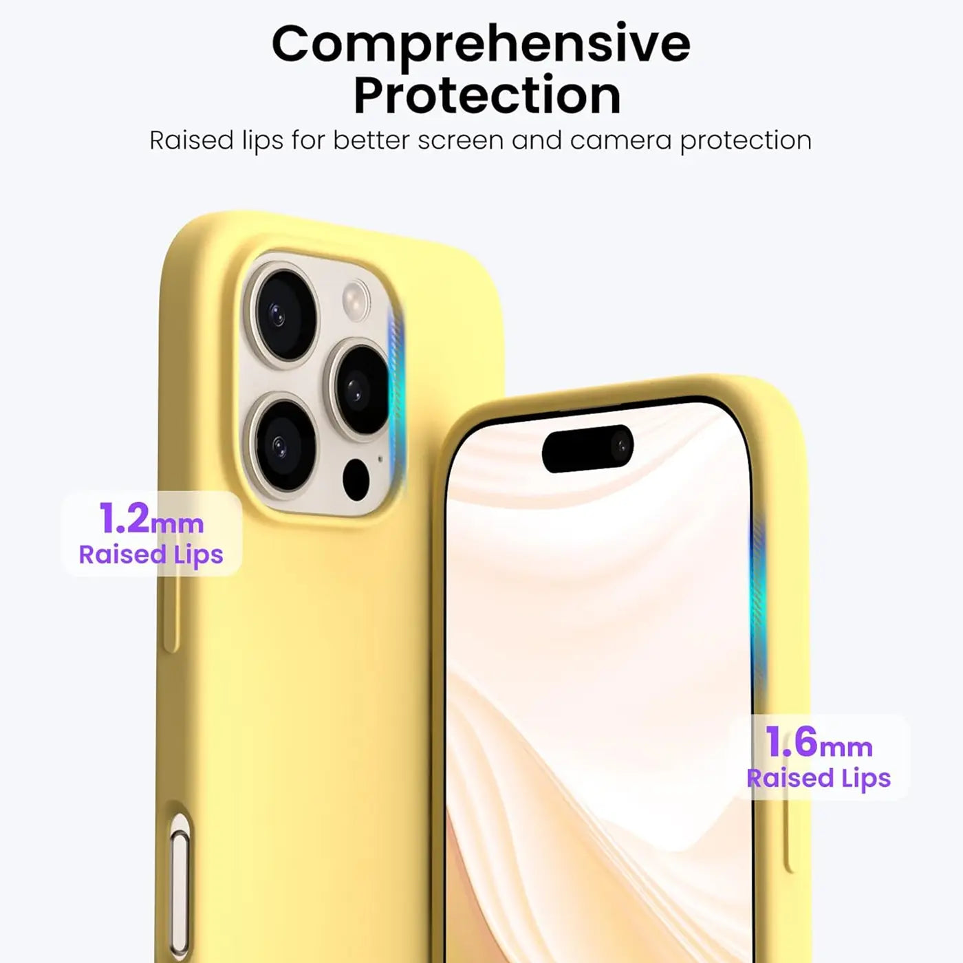 Gelbe Silikonhülle für iPhone 16 Pro, Seitenansicht, Nahaufnahme.