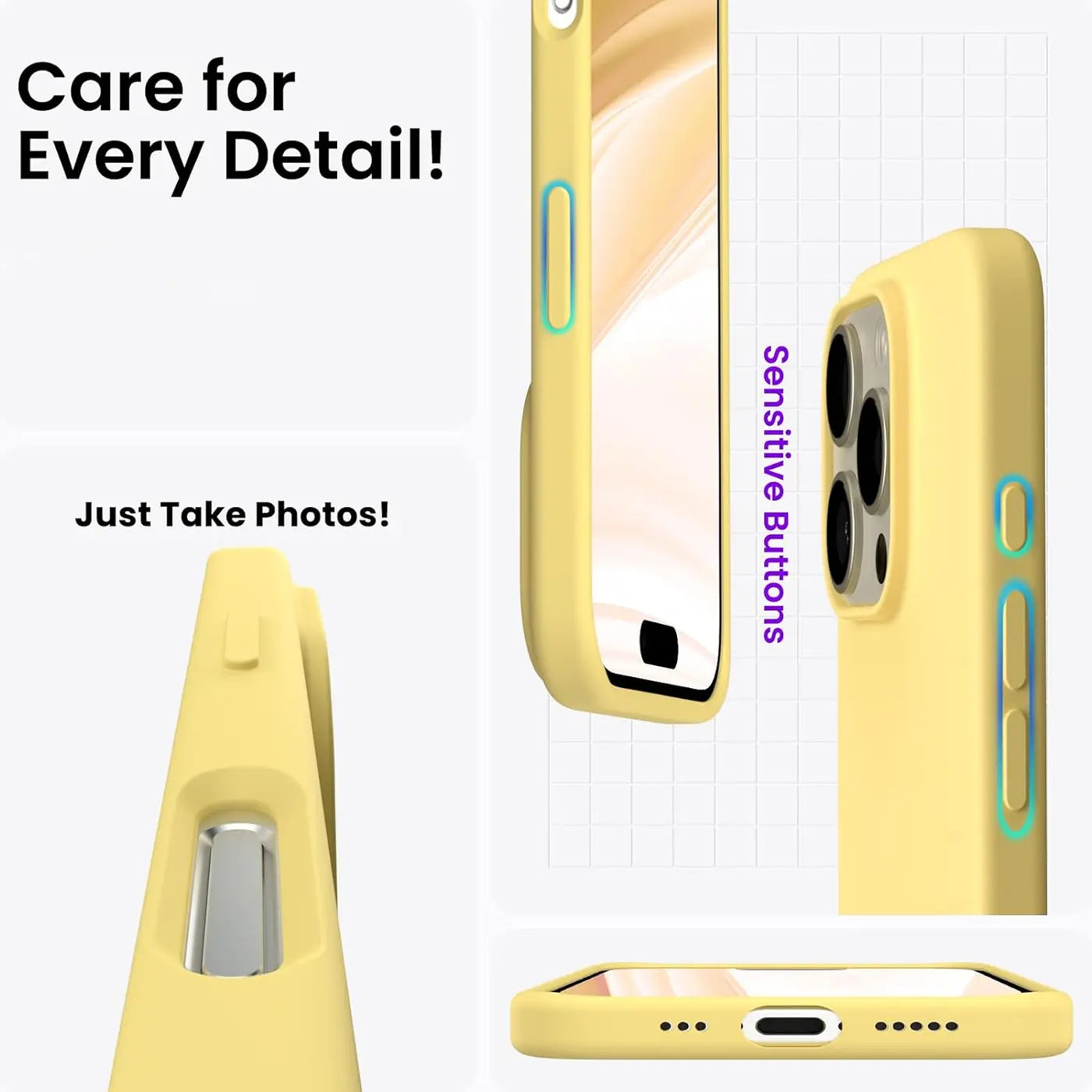 Gelbe Silikonhülle für iPhone 16 Pro, Seitenansicht, Nahaufnahme.