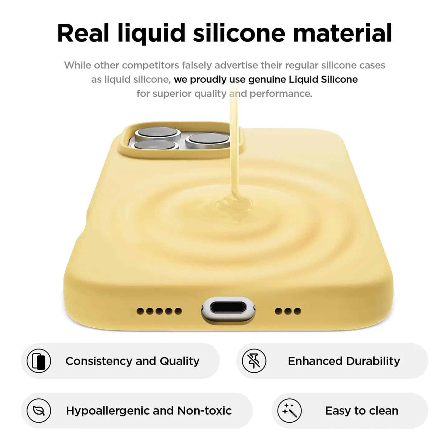 Gelbe Silikonhülle für iPhone 16 Pro, von vorne unten gesehen, mit flüssigem Silikon.