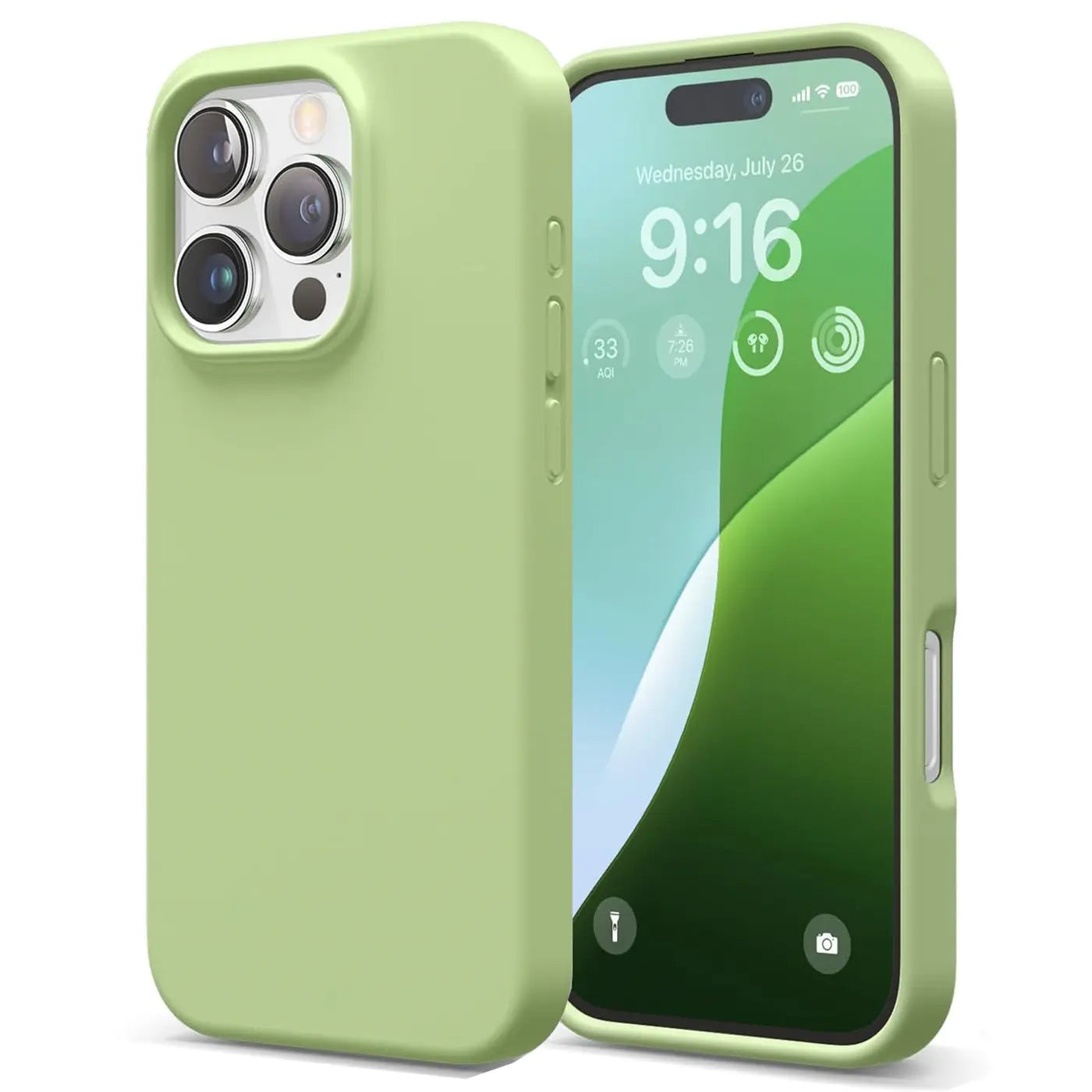 Grüne Silikonhülle für iPhone 16 Pro, von vorne, mit Mikrofaser-Innenfutter.