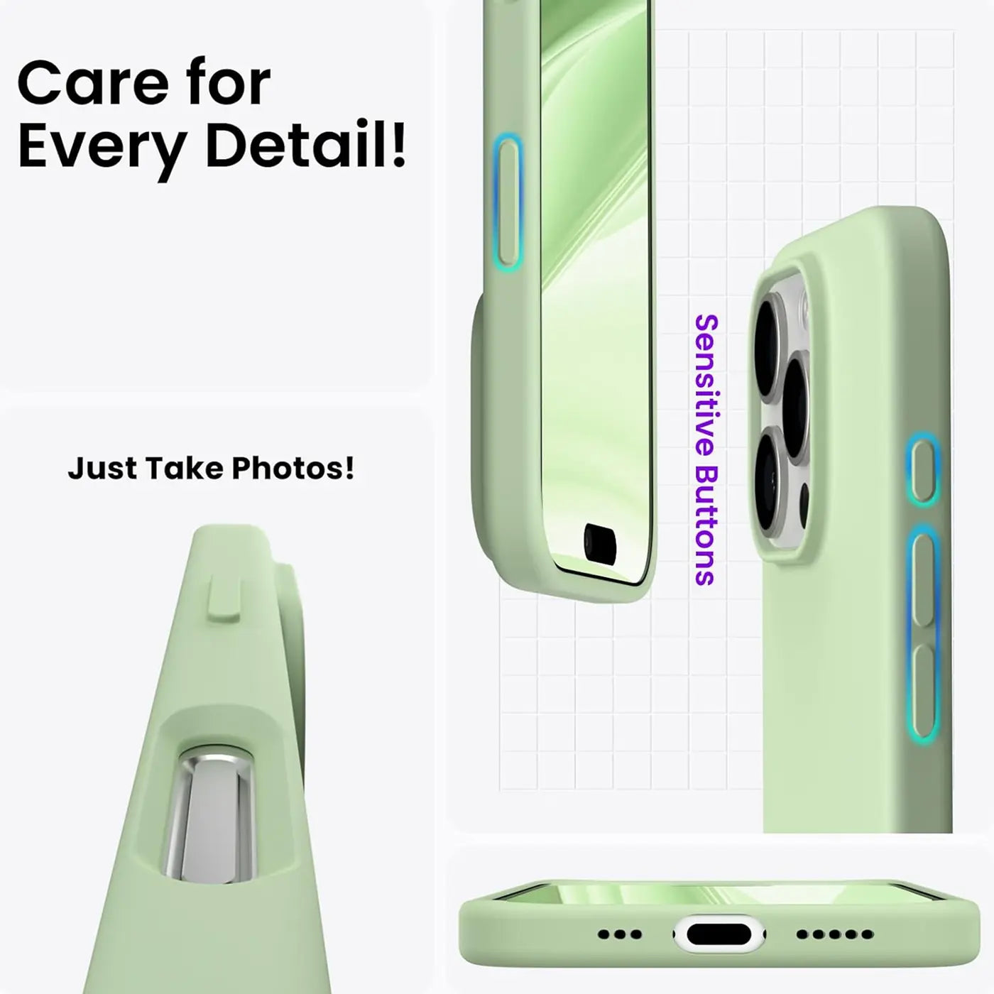 Hellgrüne Silikonhülle für iPhone 16 Pro, Seitenansicht und Rückansicht, Mikrofaser-Innenfutter.