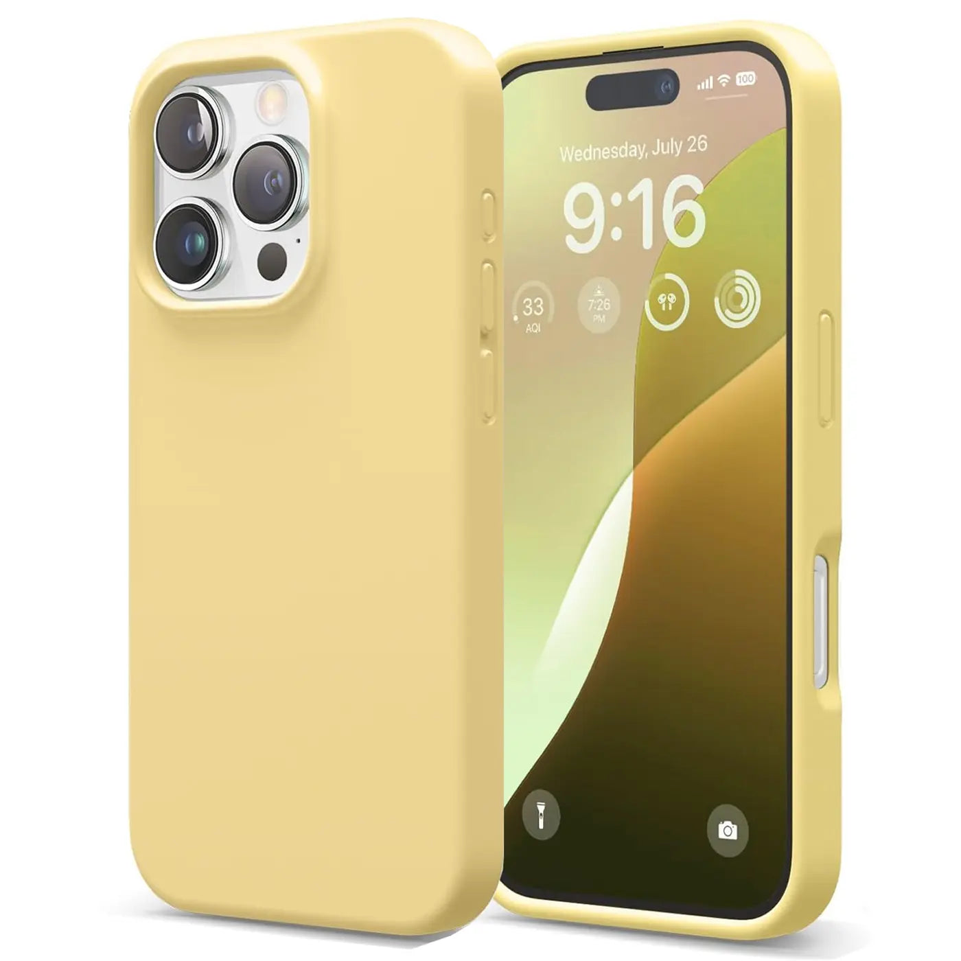 Gelbe Silikonhülle für iPhone 16 Pro Max, von vorne, mit Mikrofaser-Innenfutter.