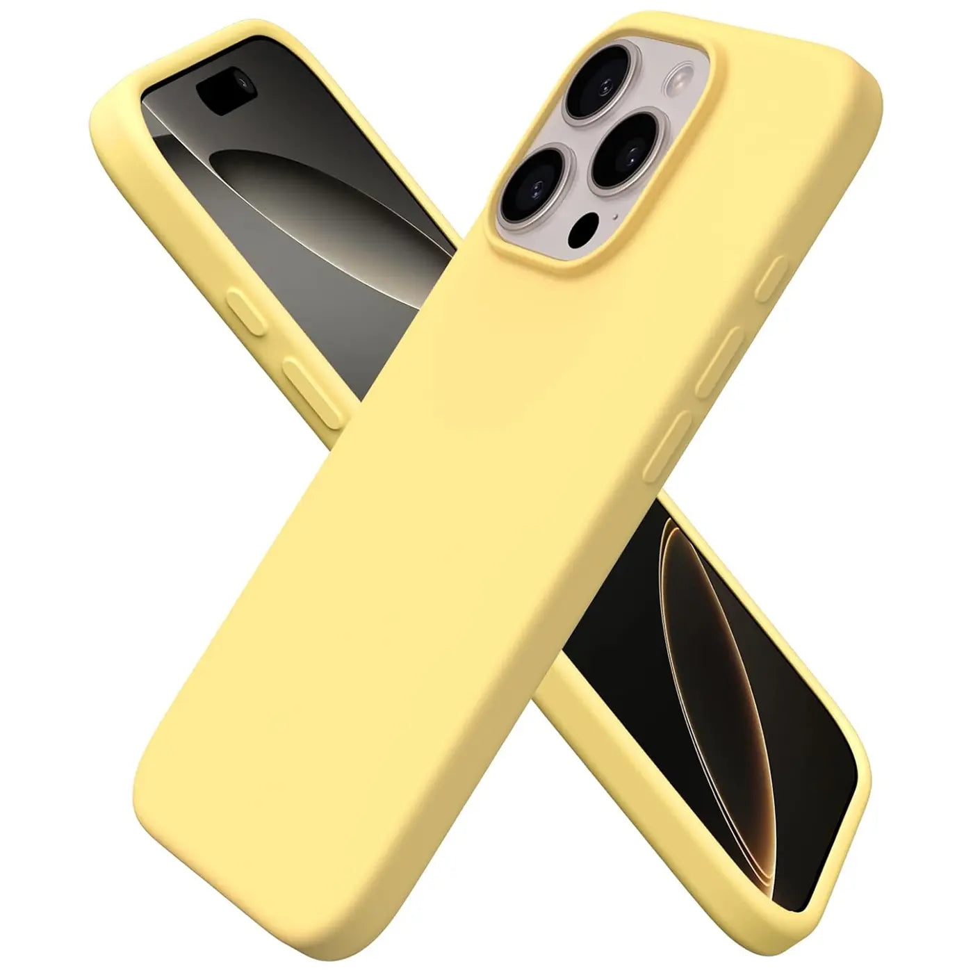 Gelbe Silikonhülle für iPhone 16 Pro Max, von vorne schräg, Mikrofaser innen
