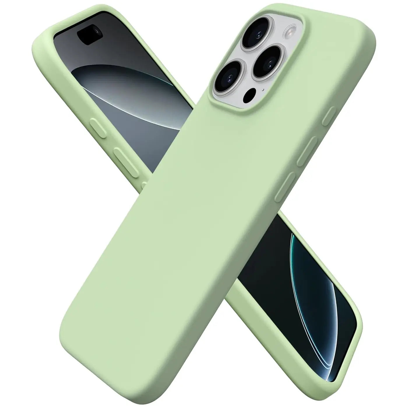 Hellgrüne Silikonhülle für iPhone 16 Pro Max, von schräg oben, mit Mikrofaser-Innenfutter.