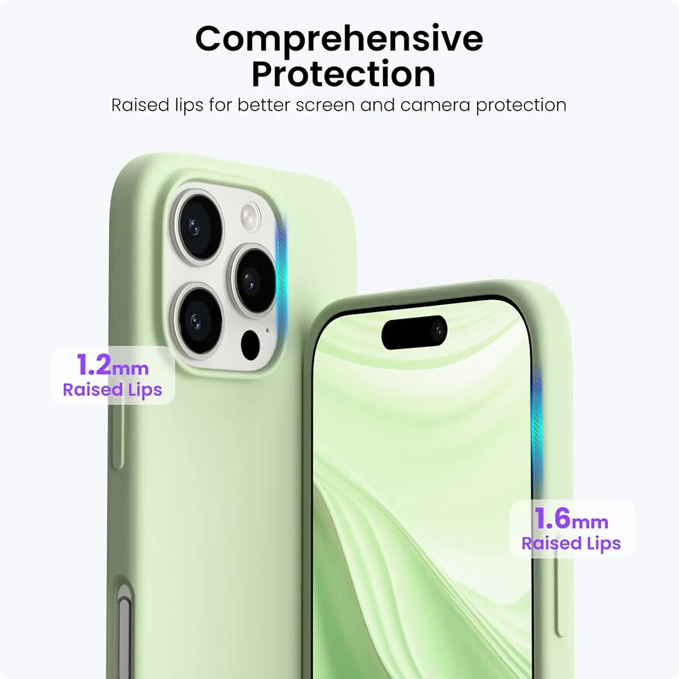 Hellgrüne Silikonhülle für iPhone 16 Pro Max, Nahaufnahme, Rückseite und Vorderseite sichtbar.