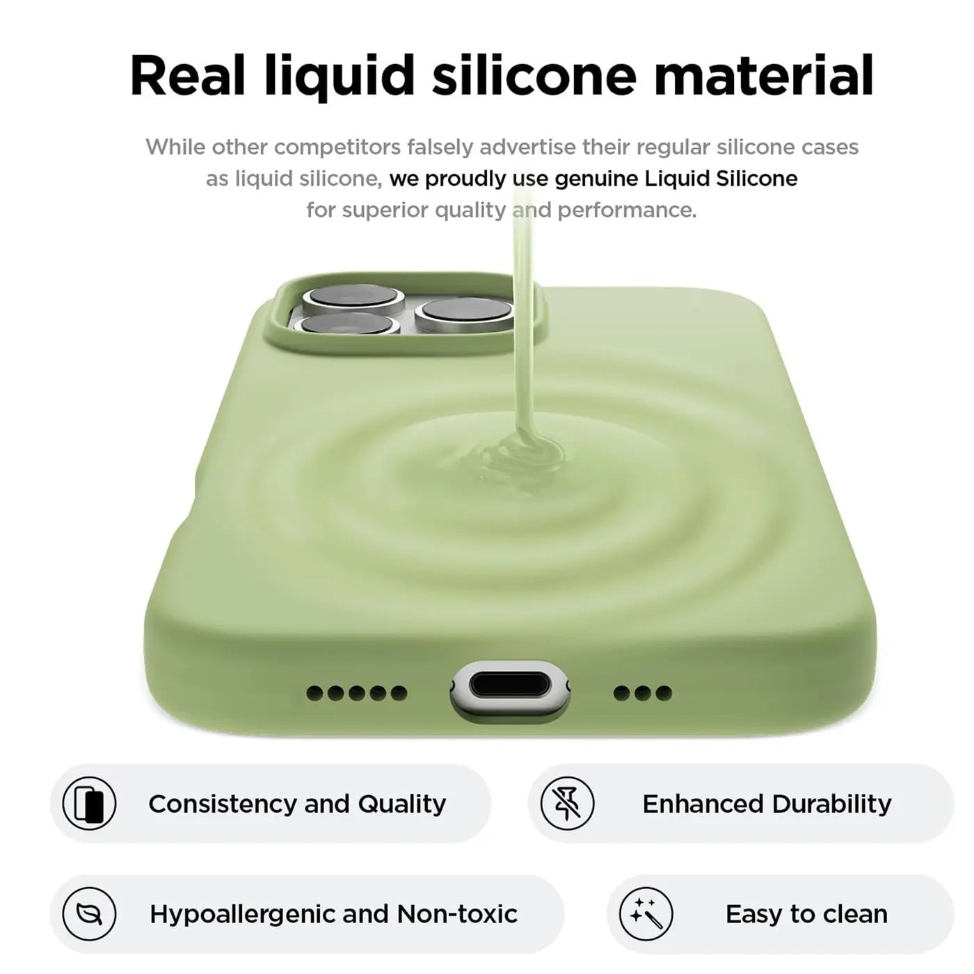 Grüne Silikonhülle für iPhone 16 Pro Max, von oben, Flüssigkeit tropft hinein.