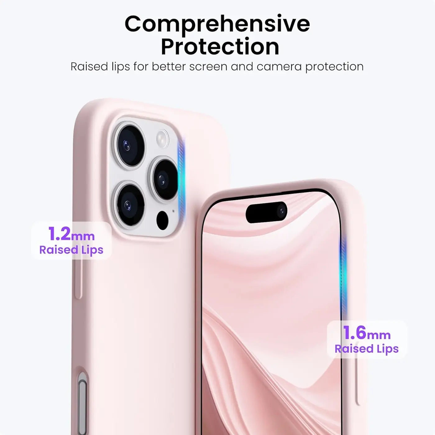 Rosa Silikonhülle für iPhone 16 Pro Max, Nahaufnahme, Rückseite und Vorderseite, Mikrofaser-Innenfutter.