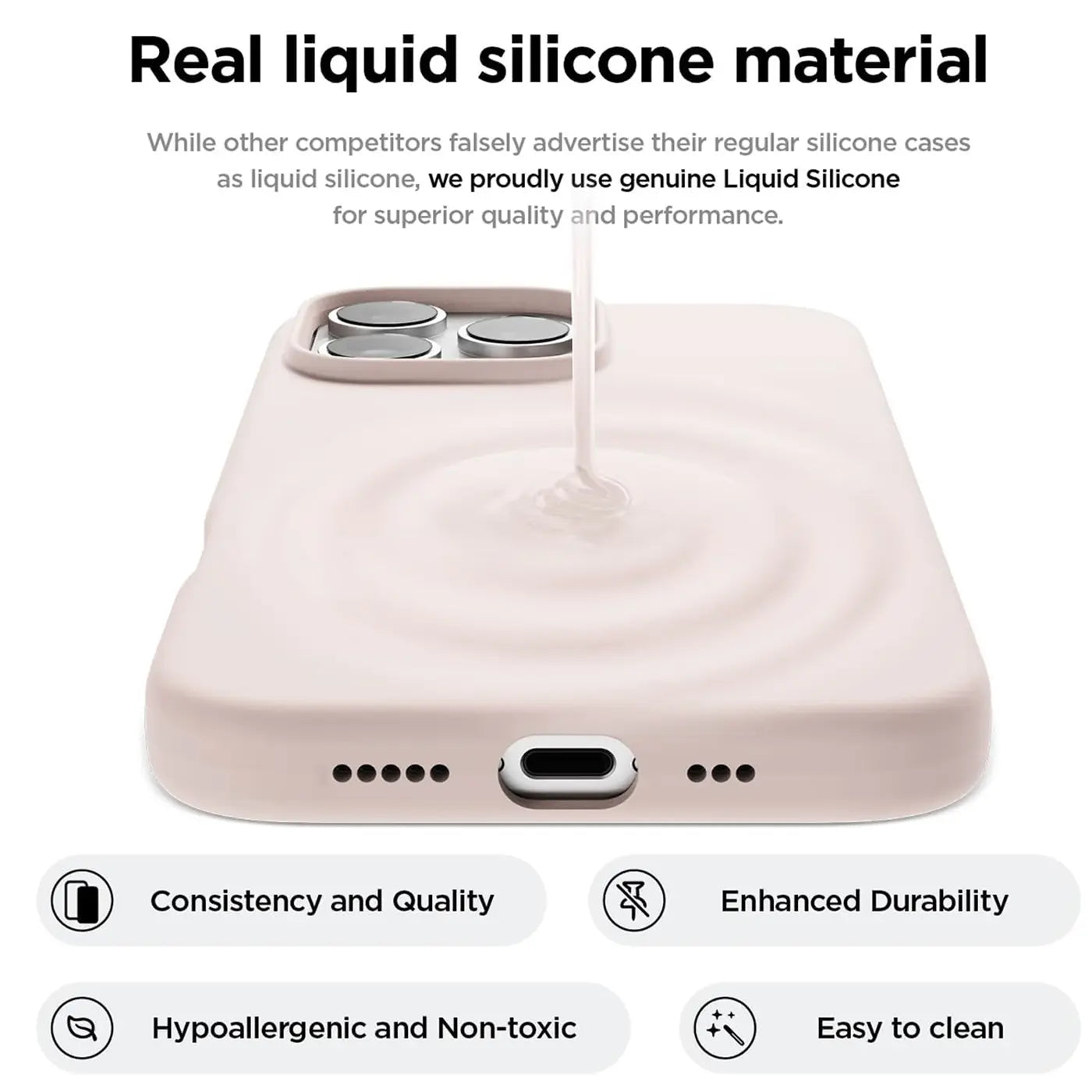 Helle, rosafarbene Silikonhülle für iPhone 16 Pro Max, Nahaufnahme, von oben.