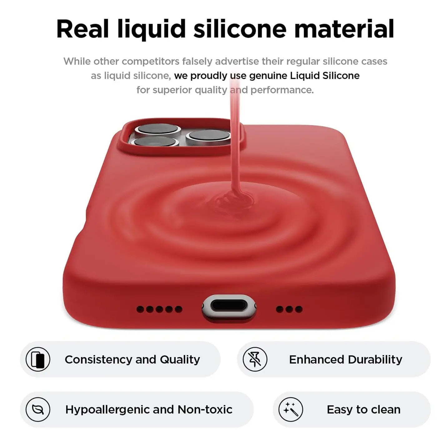 Rote Silikonhülle für iPhone 16 Pro Max, von oben, mit flüssigem Silikon.