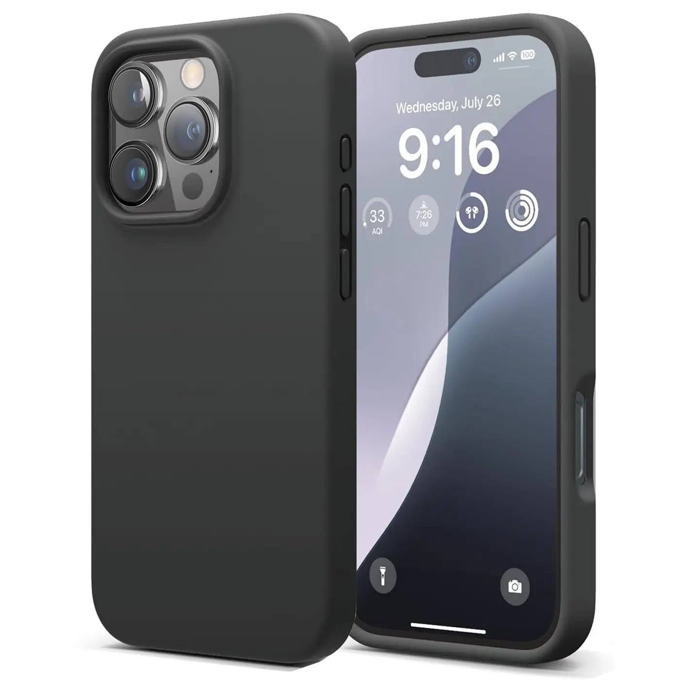 Schwarze Silikonhülle mit Mikrofaser-Innenfutter für iPhone 16 Pro Max, Vorder- und Rückansicht.
