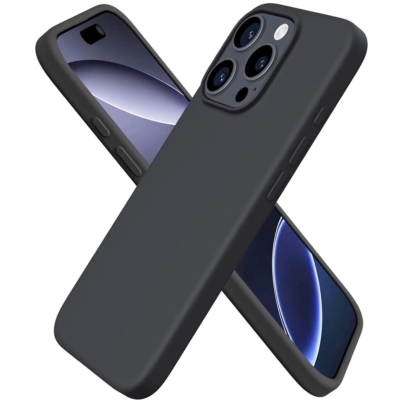 Dunkelgraue Silikonhülle für iPhone 16 Pro Max, Mikrofaser-Innenfutter, von schräg oben
