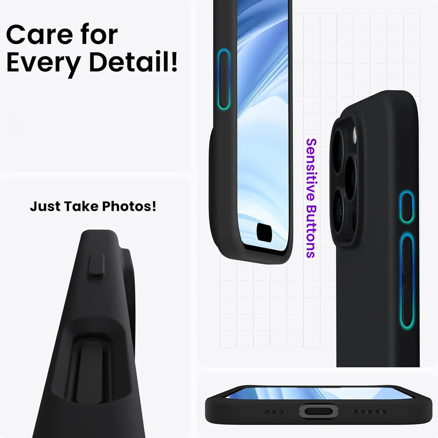 Schwarze Silikonhülle für iPhone 16 Pro Max, Seitenansicht, Nahaufnahme.