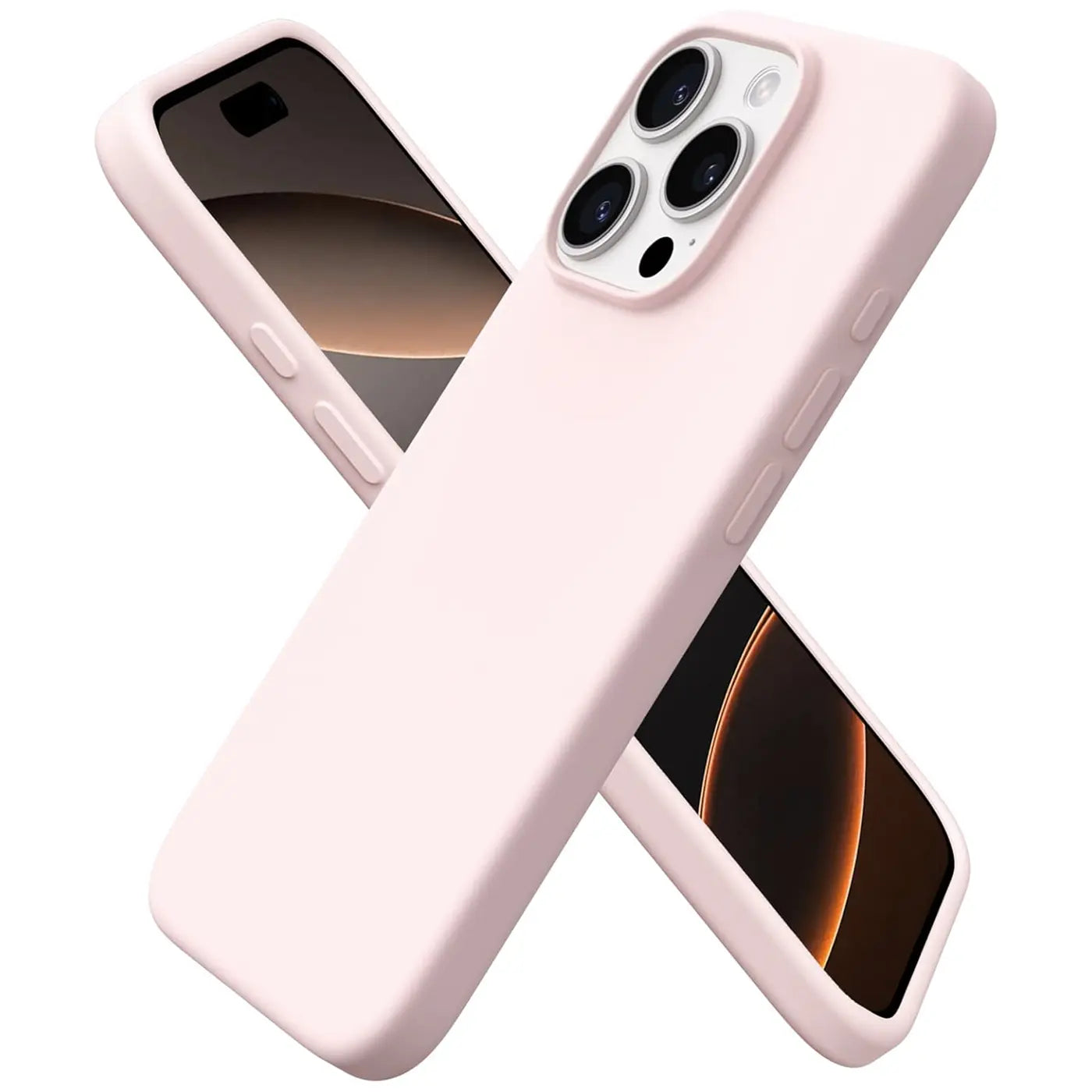 Rosa Silikonhülle für iPhone 16 Pro, Mikrofaser innen, von schräg oben.