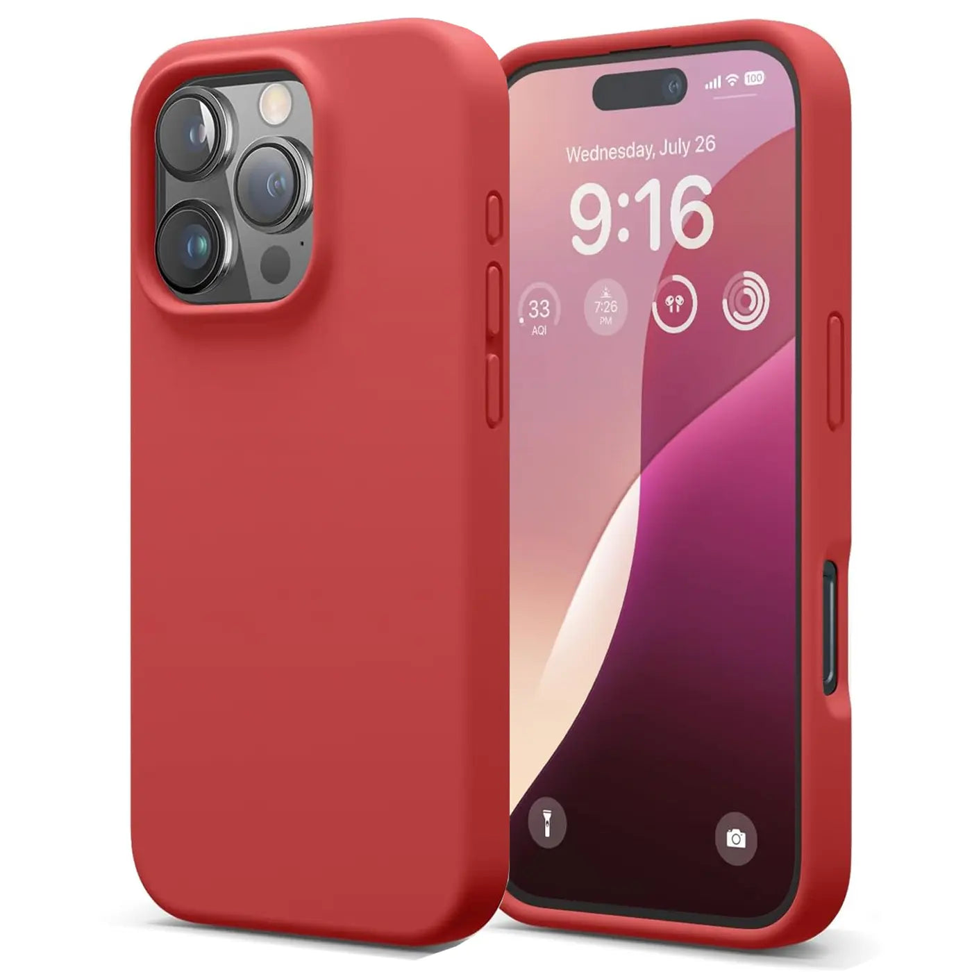 Rote Silikonhülle für iPhone 16 Pro, von vorne, mit Mikrofaser-Innenfutter.