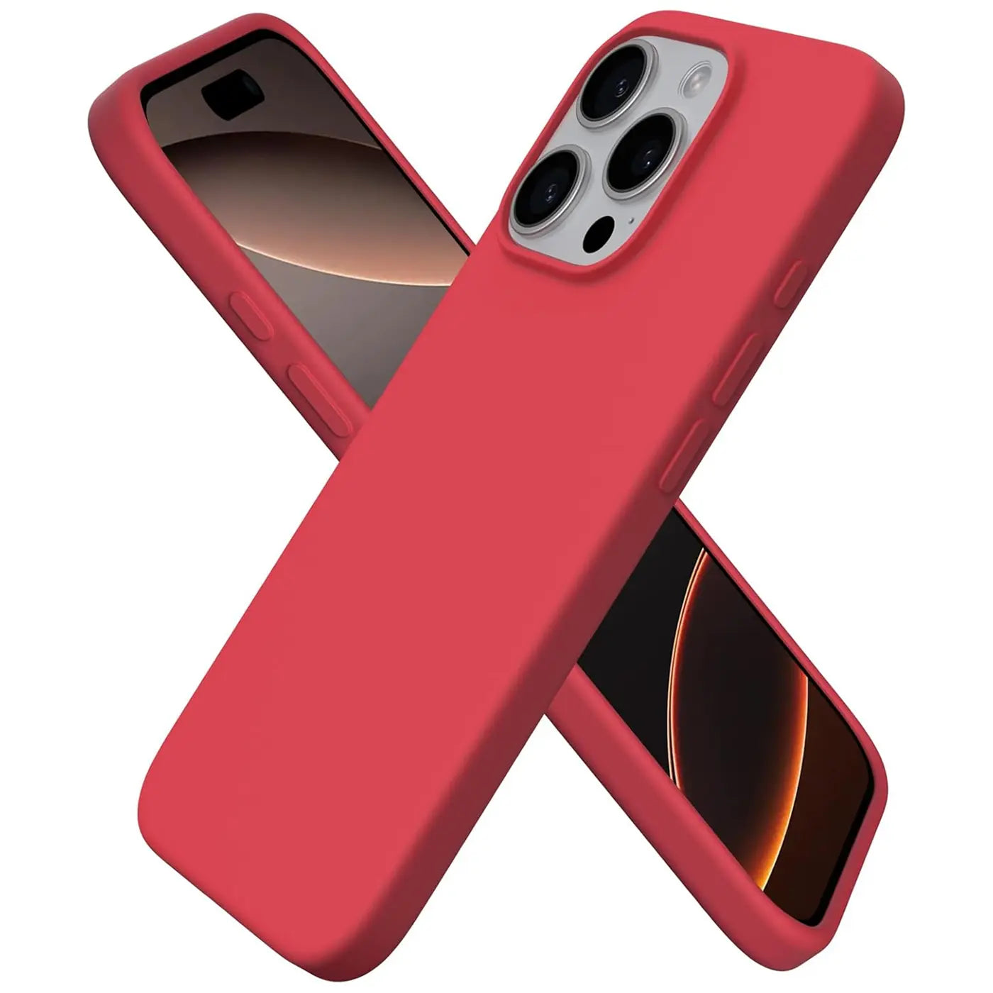Rote Silikonhülle für iPhone 16 Pro, von schräg oben, mit Mikrofaser-Innenfutter.