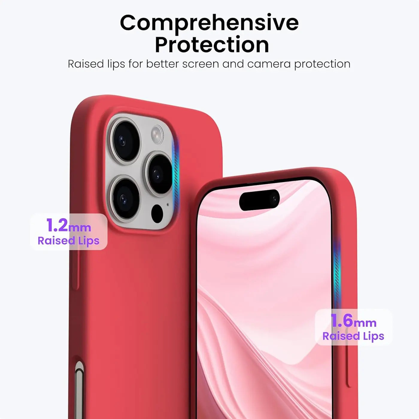Rote Silikonhülle für iPhone 16 Pro, Nahaufnahme, Rückseite und Vorderseite.