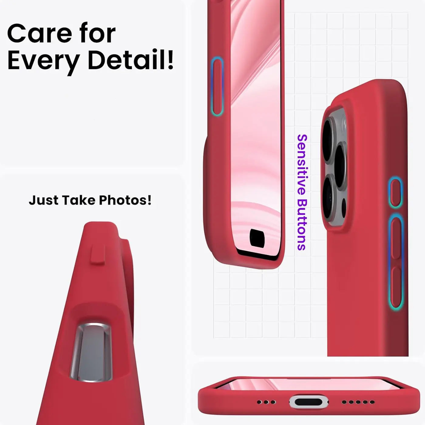 Rote Silikonhülle für iPhone 16 Pro, Nahaufnahme, verschiedene Winkel